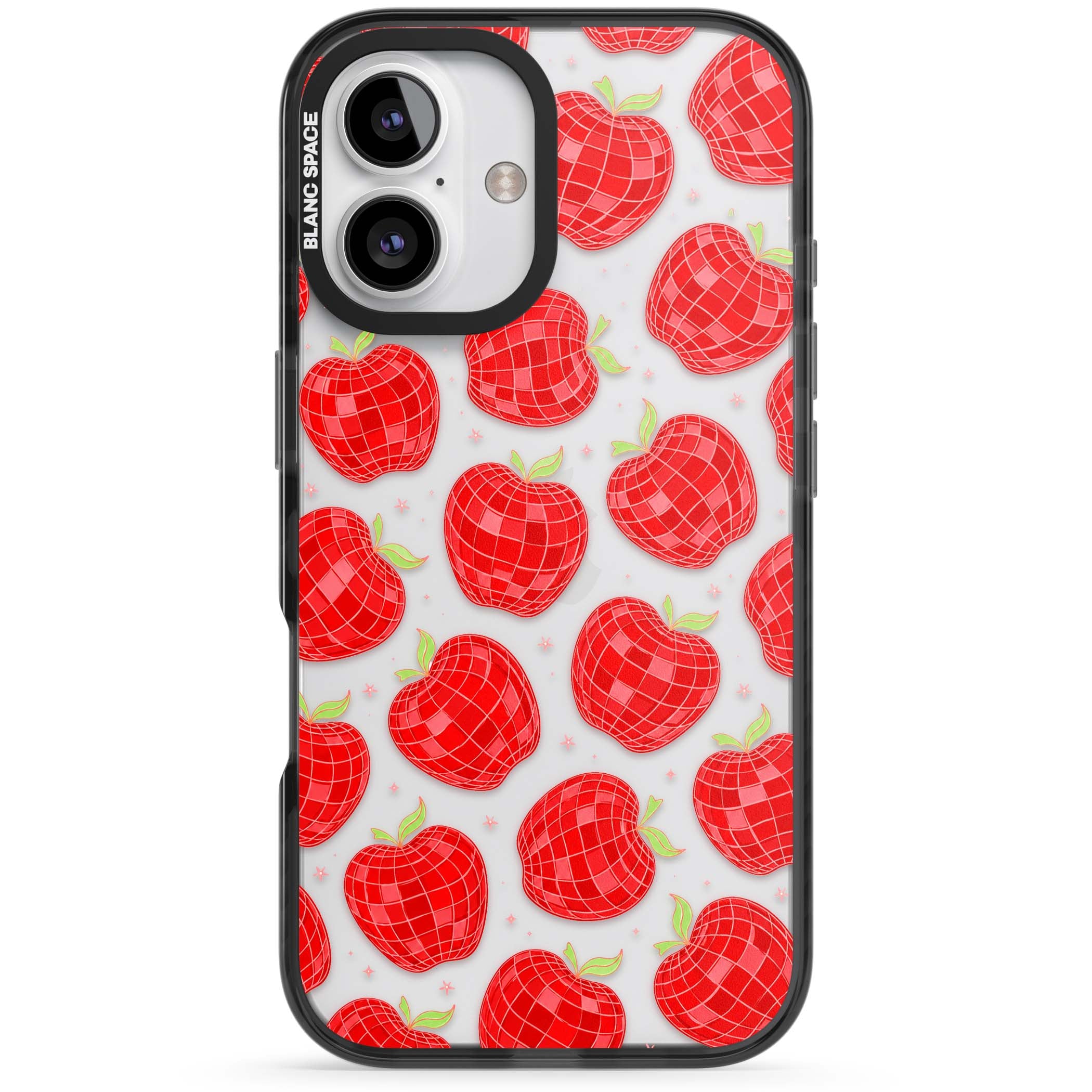 Disco Apples Y2K iPhone case featuring red disco ball apples, green leaves and pink sparkles on clear | Black Impact case for iPhone 16, iPhone 16 Plus