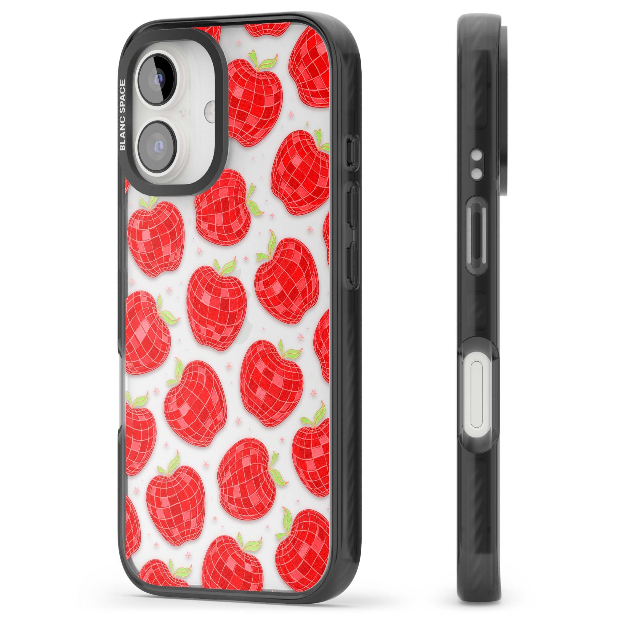 Disco Apples Y2K iPhone case featuring red disco ball apples, green leaves and pink sparkles on clear | Black Impact case for iPhone 16, iPhone 16 Plus