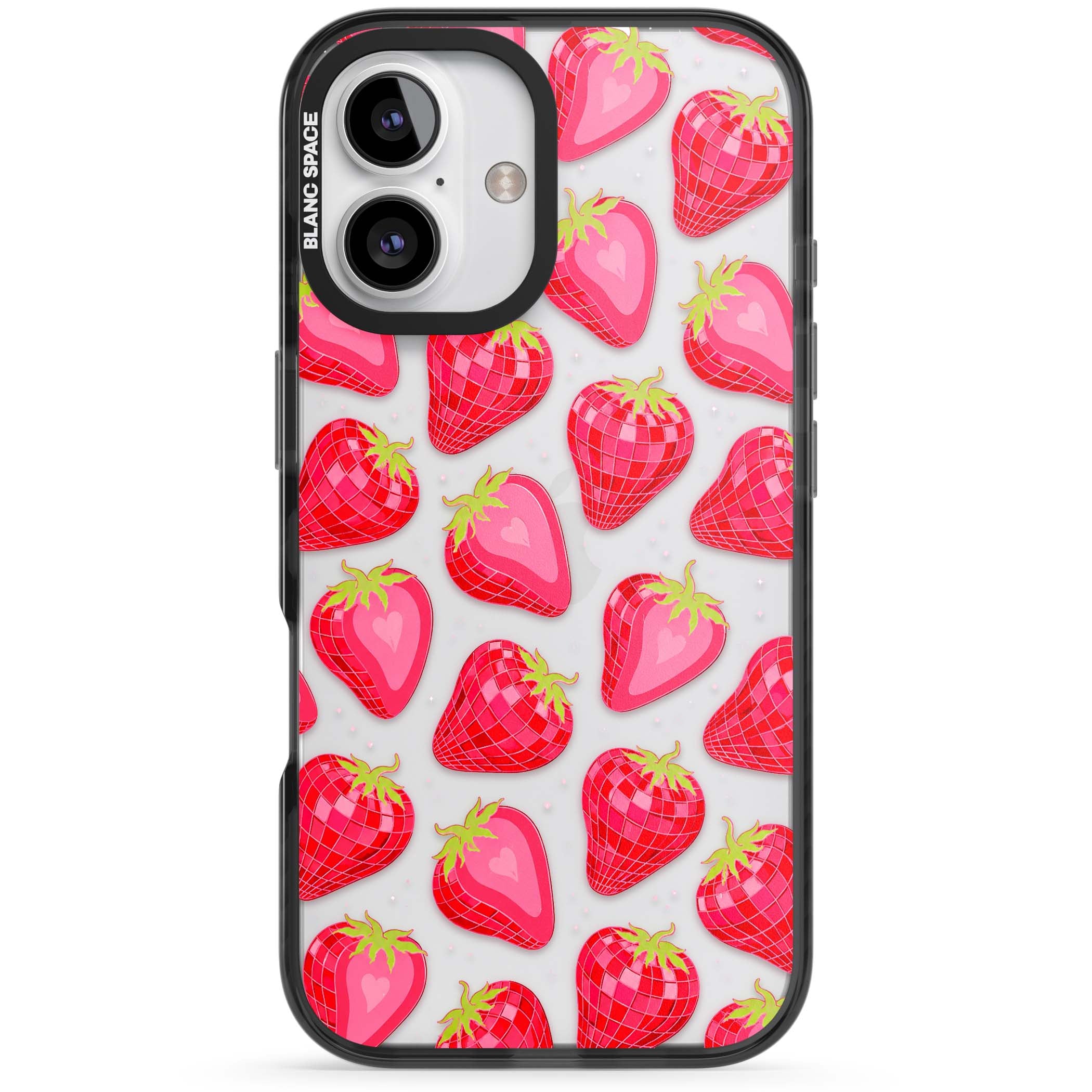 Disco Strawberry Y2K iPhone case featuring pink disco-ball strawberries, green leaves and tiny sparkles | Black Impact case for iPhone 16, iPhone 16 Plus