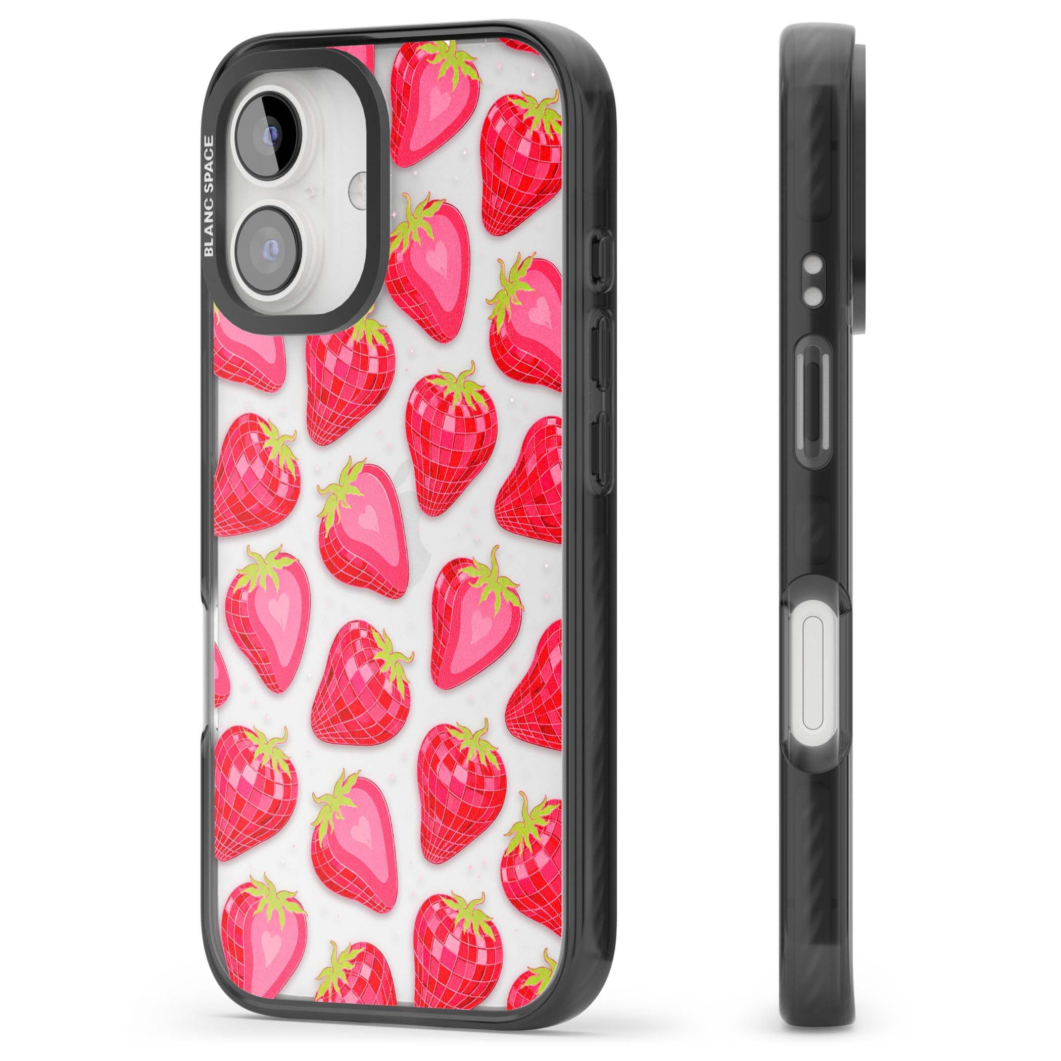 Disco Strawberry Y2K iPhone case featuring pink disco-ball strawberries, green leaves and tiny sparkles | Black Impact case for iPhone 16, iPhone 16 Plus
