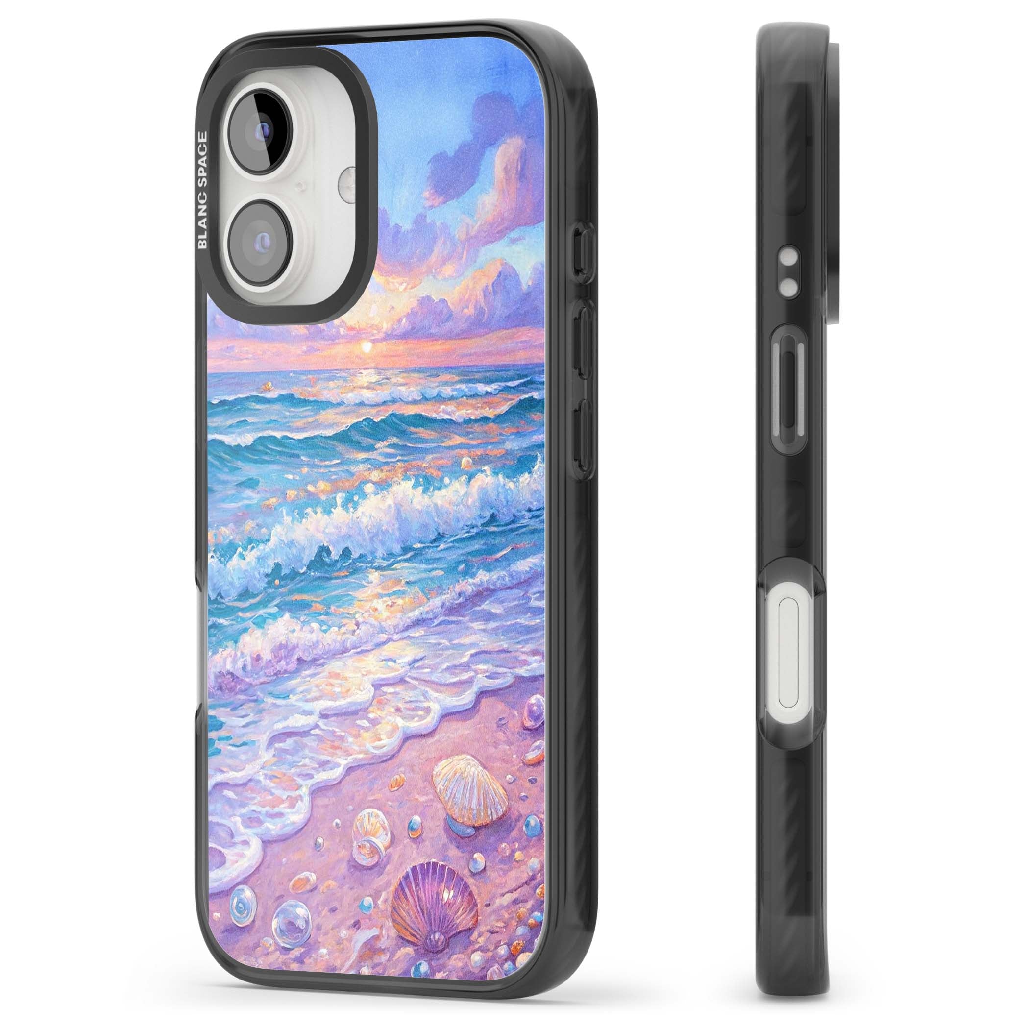 Pearl Shore coastal iPhone case featuring pastel painted waves, seashells, and a sunrise sky over a lavender beach. | Black Impact case for iPhone 16, iPhone 16 Plus