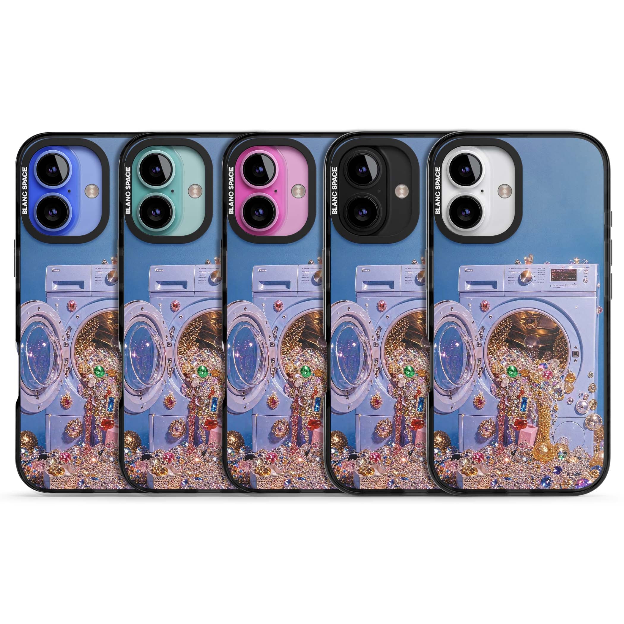 Gem Laundry baddie iPhone case featuring a surreal washing machine overflowing with colourful gemstones and crystals | Black Impact case for iPhone 16, iPhone 16 Plus