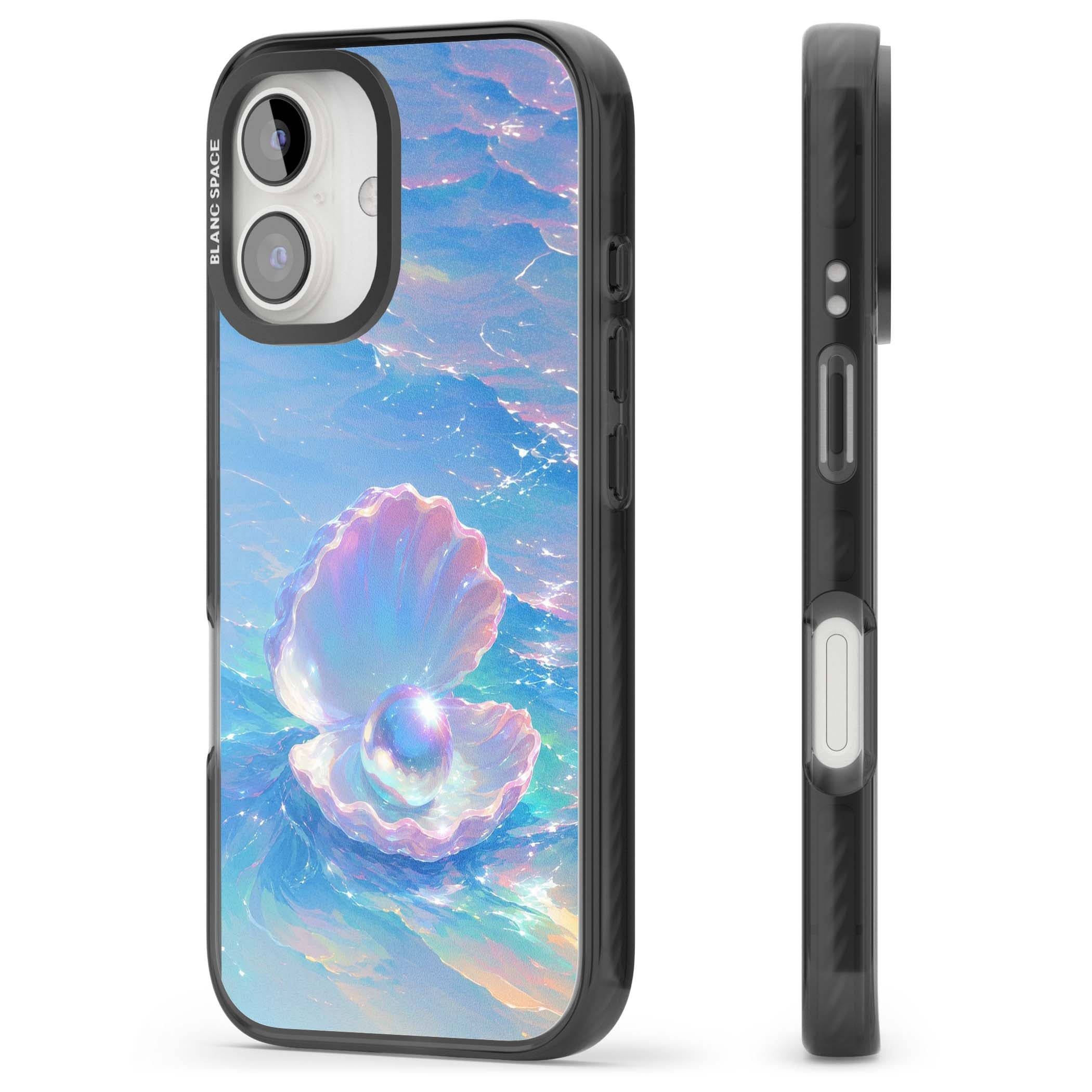 The Pearl Clam mermaidcore iPhone case featuring iridescent seashell, glowing pearl and pastel ocean waves | Black Impact case for iPhone 16, iPhone 16 Plus