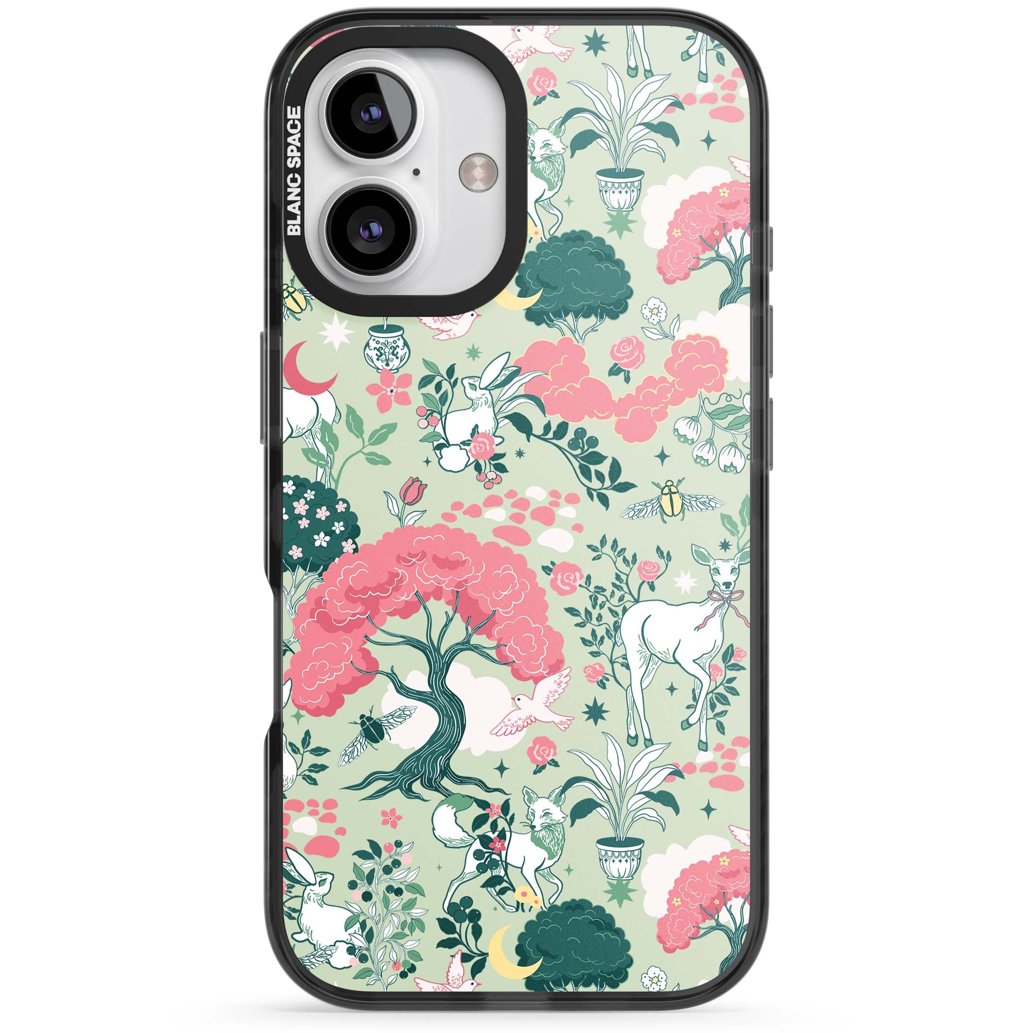 Enchanted Woodland cottagecore iPhone case featuring white deer, pink roses, mushrooms and woodland animals on sage green | Black Impact case for iPhone 16, iPhone 16 Plus