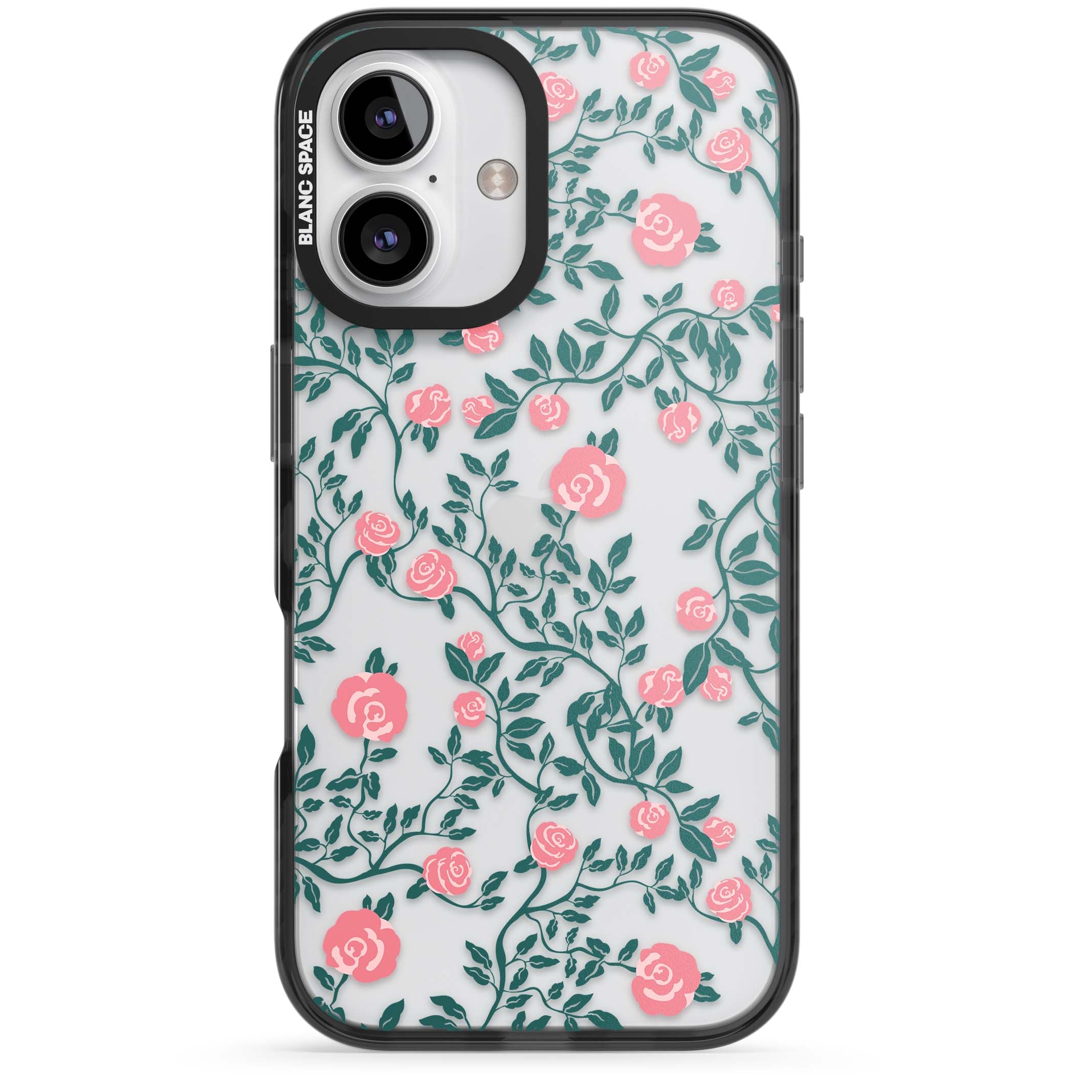Rose Trellis (Clear) cottagecore iPhone case featuring pink climbing roses and green leaves on clear background | Black Impact case for iPhone 16, iPhone 16 Plus