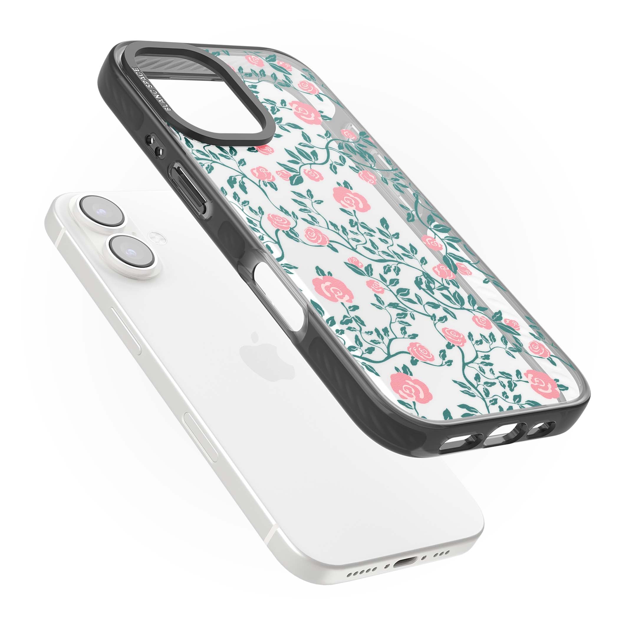 Rose Trellis (Clear) cottagecore iPhone case featuring pink climbing roses and green leaves on clear background | Black Impact case for iPhone 16, iPhone 16 Plus