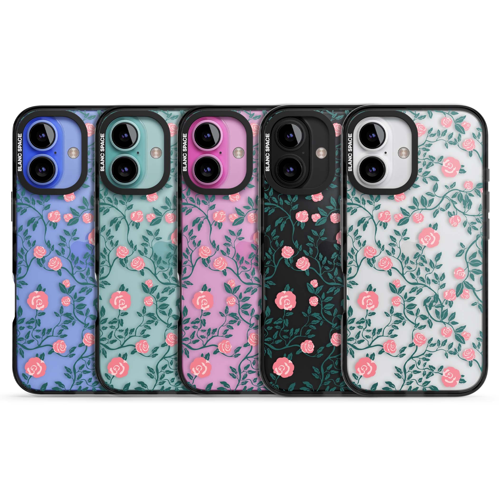 Rose Trellis (Clear) cottagecore iPhone case featuring pink climbing roses and green leaves on clear background | Black Impact case for iPhone 16, iPhone 16 Plus