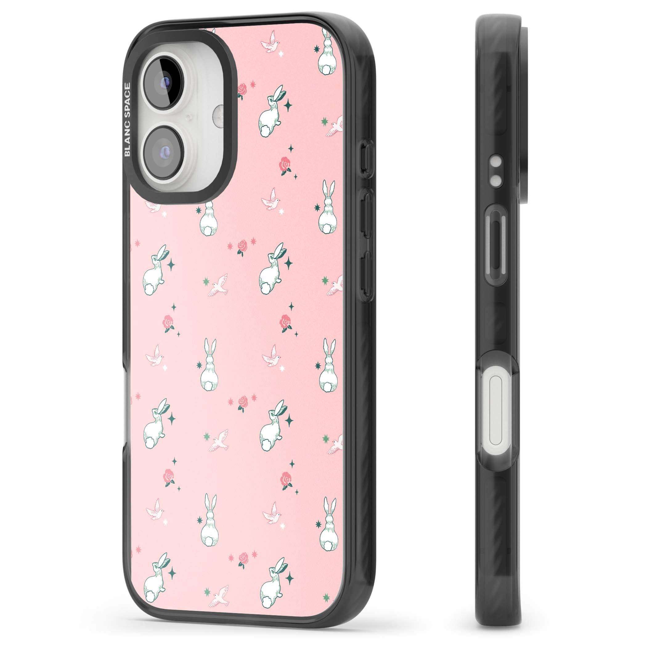 Bunny Garden kawaii iPhone case featuring white rabbits, pink roses, doves and stars on pink background | Black Impact case for iPhone 16, iPhone 16 Plus