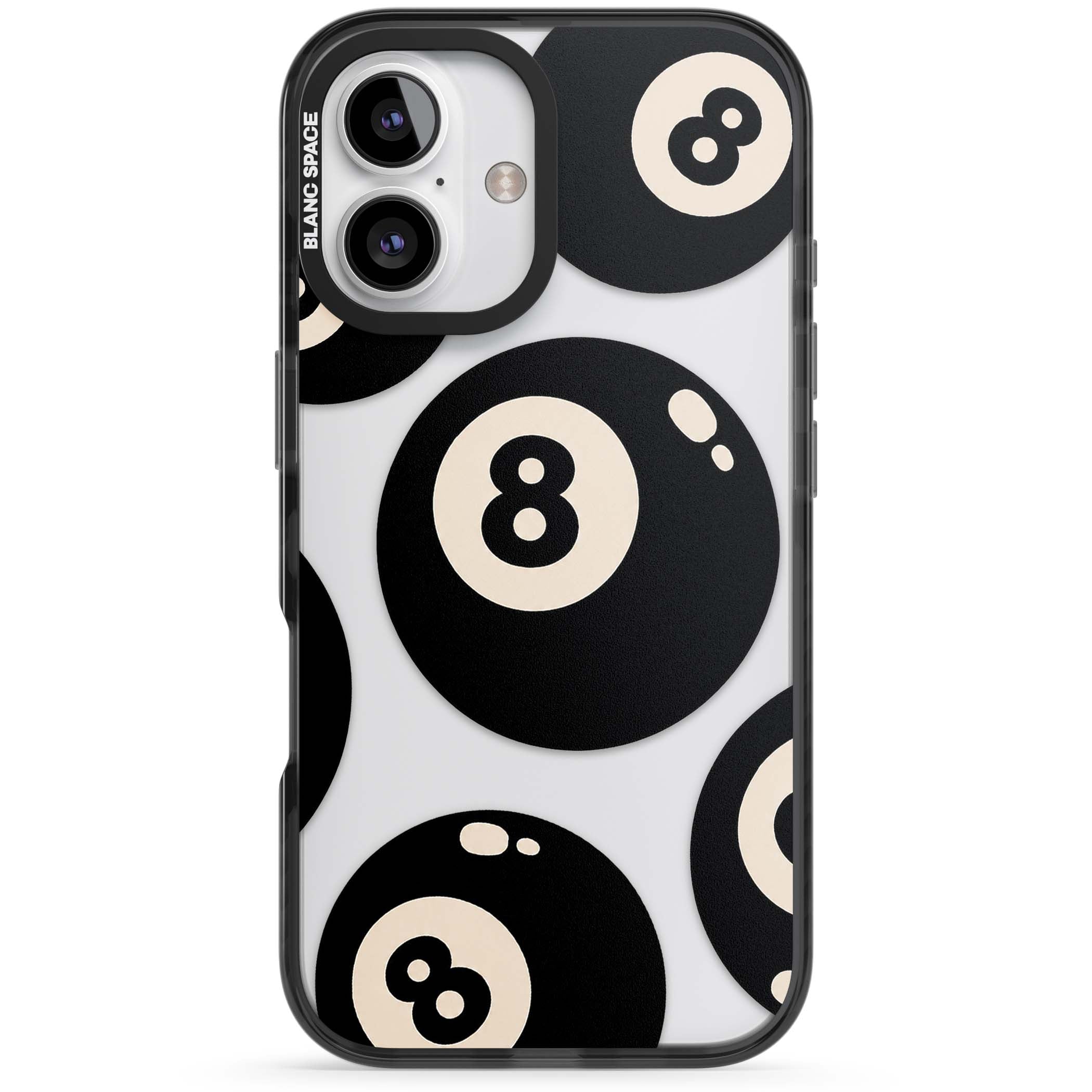 Eights y2k iPhone case featuring scattered black 8 balls with cream highlights on a clear background | Black Impact case for iPhone 16, iPhone 16 Plus