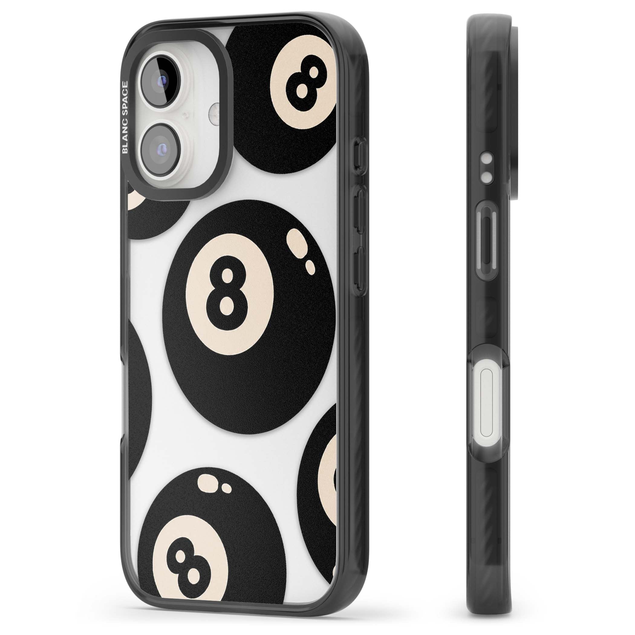 Eights y2k iPhone case featuring scattered black 8 balls with cream highlights on a clear background | Black Impact case for iPhone 16, iPhone 16 Plus