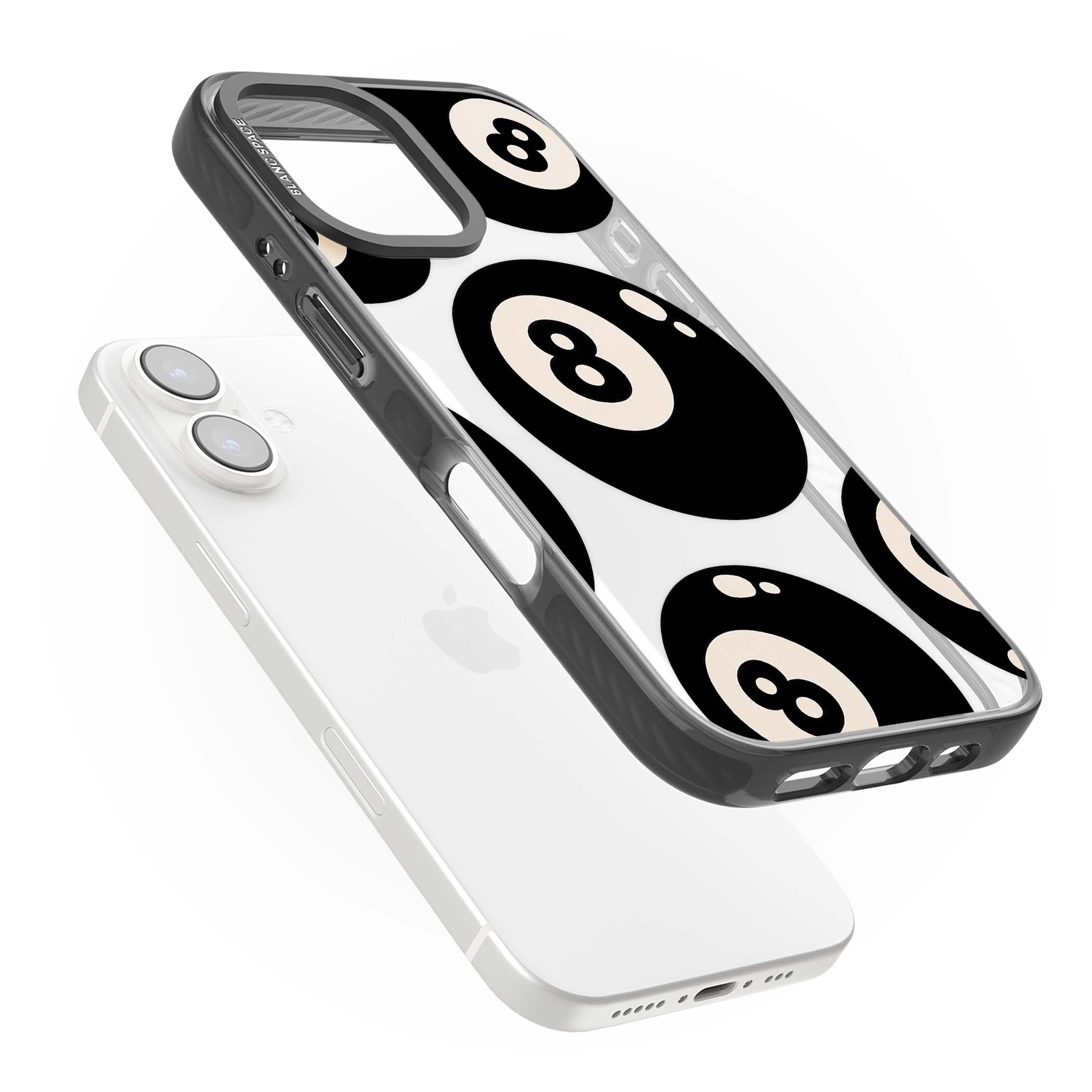 Eights y2k iPhone case featuring scattered black 8 balls with cream highlights on a clear background | Black Impact case for iPhone 16, iPhone 16 Plus
