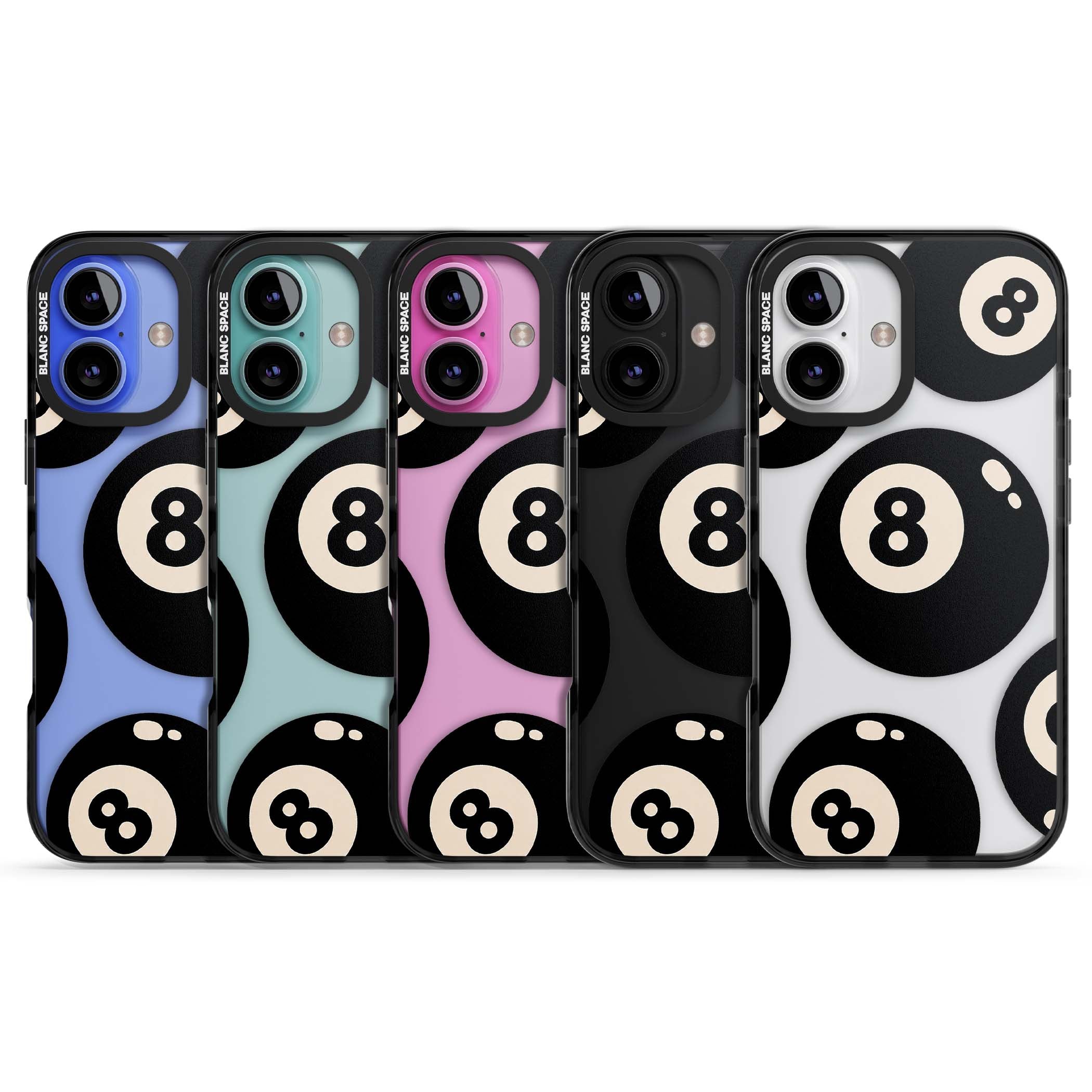 Eights y2k iPhone case featuring scattered black 8 balls with cream highlights on a clear background | Black Impact case for iPhone 16, iPhone 16 Plus