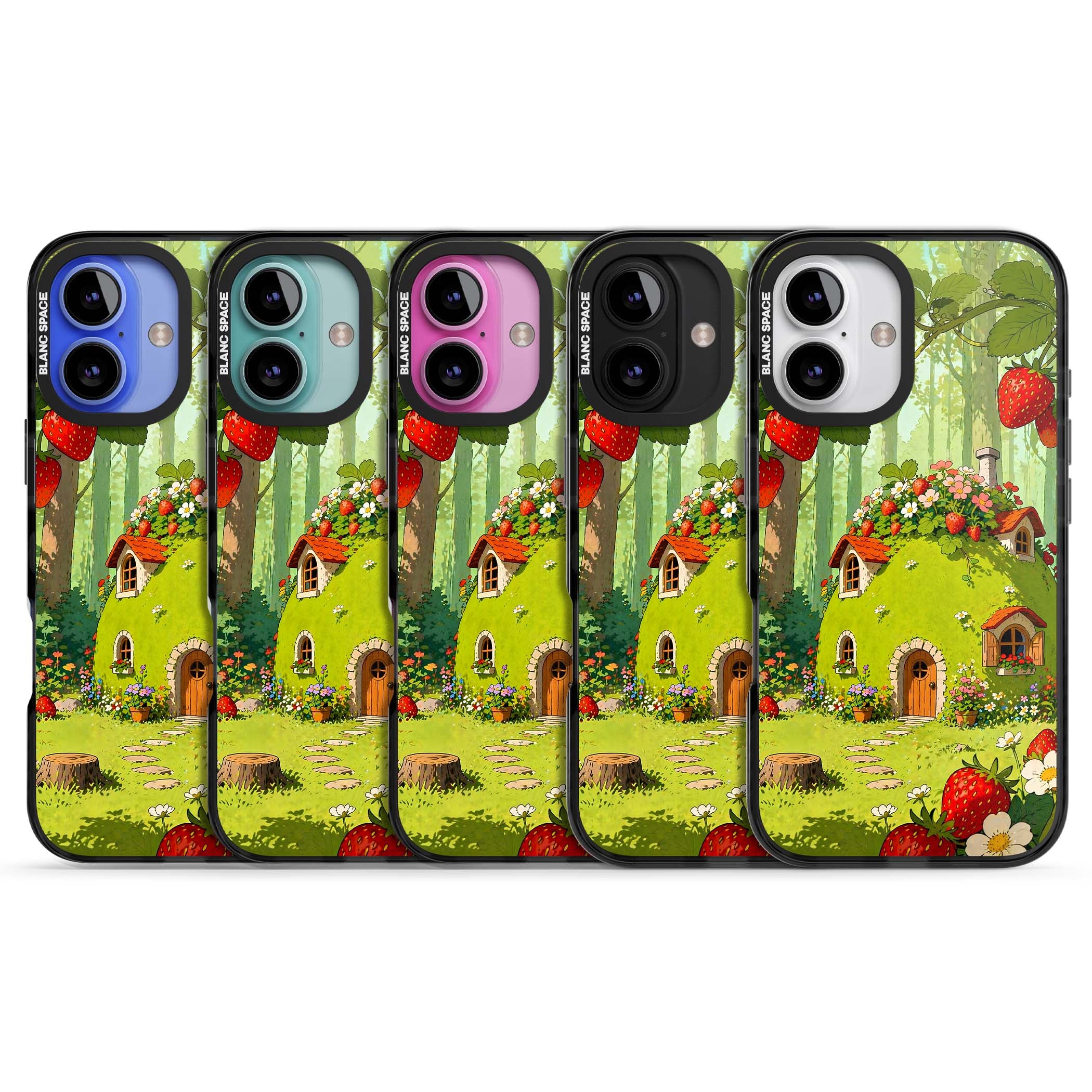 Strawberry Cottage cottagecore iPhone case featuring a green fairy house, wild strawberries and enchanted forest flowers | Black Impact case for iPhone 16, iPhone 16 Plus
