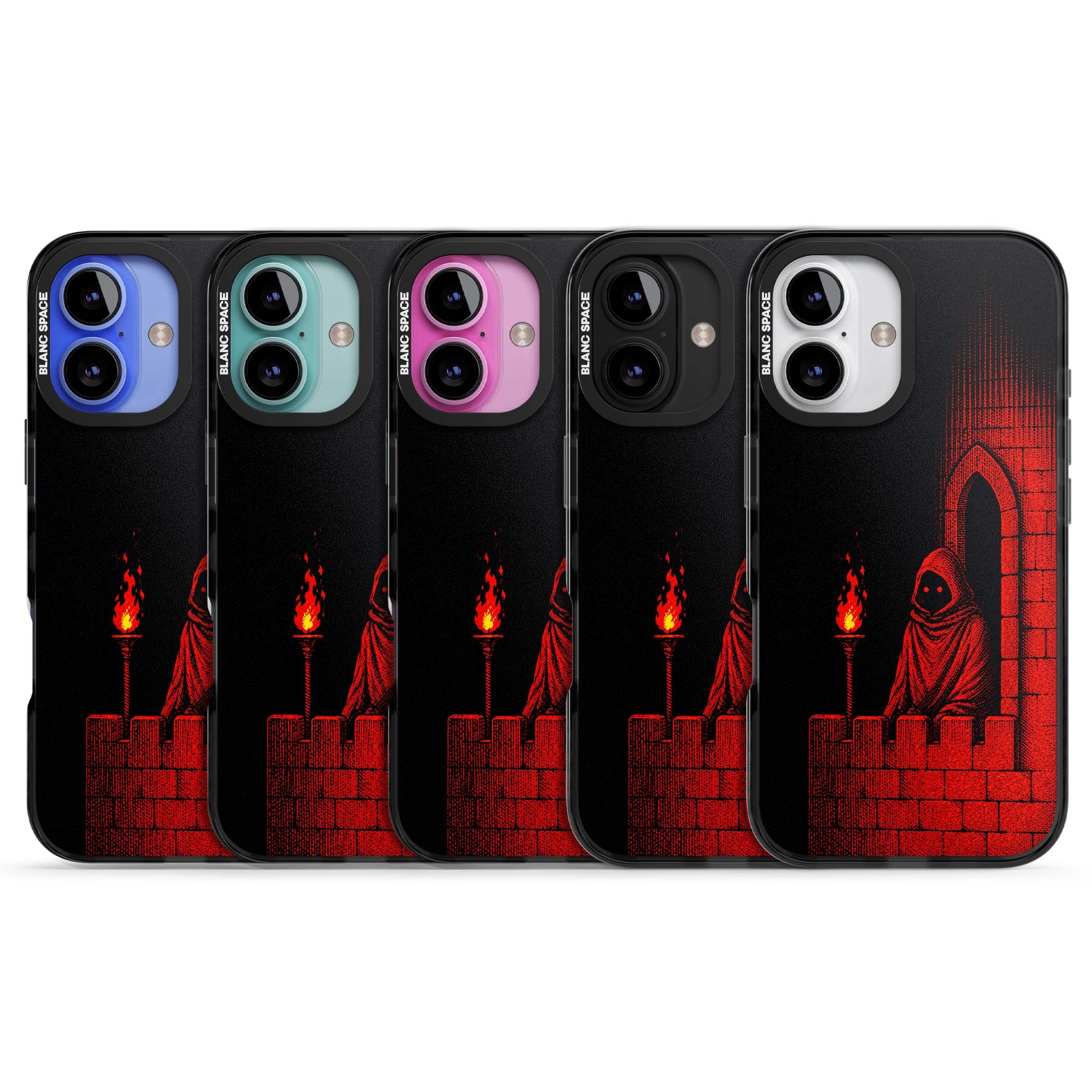 Crimson Crypt gothic iPhone case featuring a hooded reaper, torchlit crypt archway and red halftone horror art | Black Impact case for iPhone 16, iPhone 16 Plus