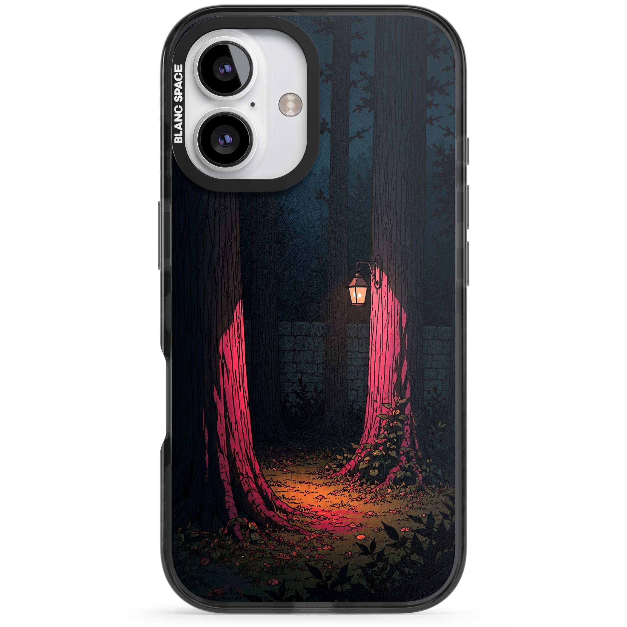 Forest Lantern dark academia iPhone case featuring a moonlit forest, glowing lantern, and stone wall pathway | Black Impact case for iPhone 16, iPhone 16 Plus