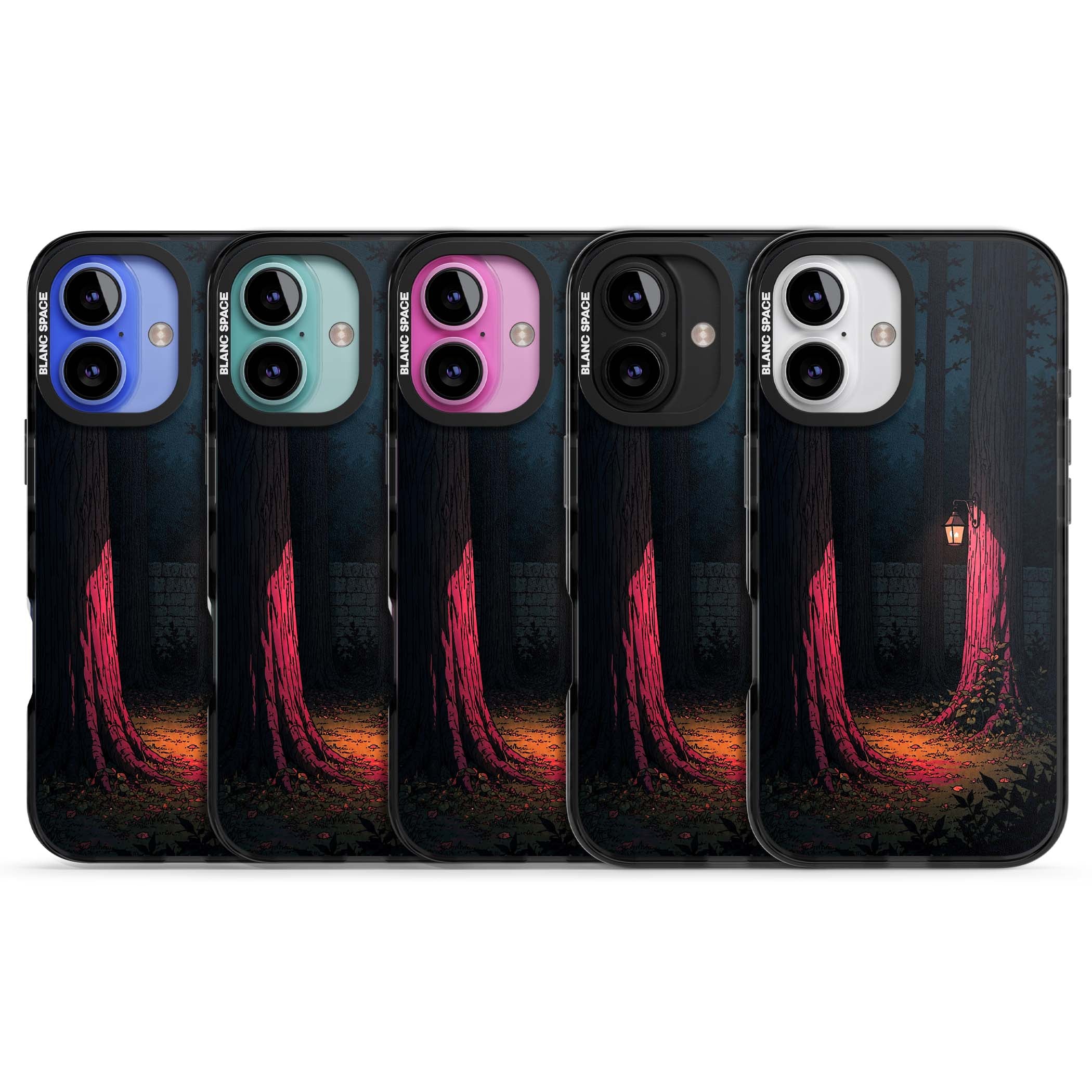 Forest Lantern dark academia iPhone case featuring a moonlit forest, glowing lantern, and stone wall pathway | Black Impact case for iPhone 16, iPhone 16 Plus