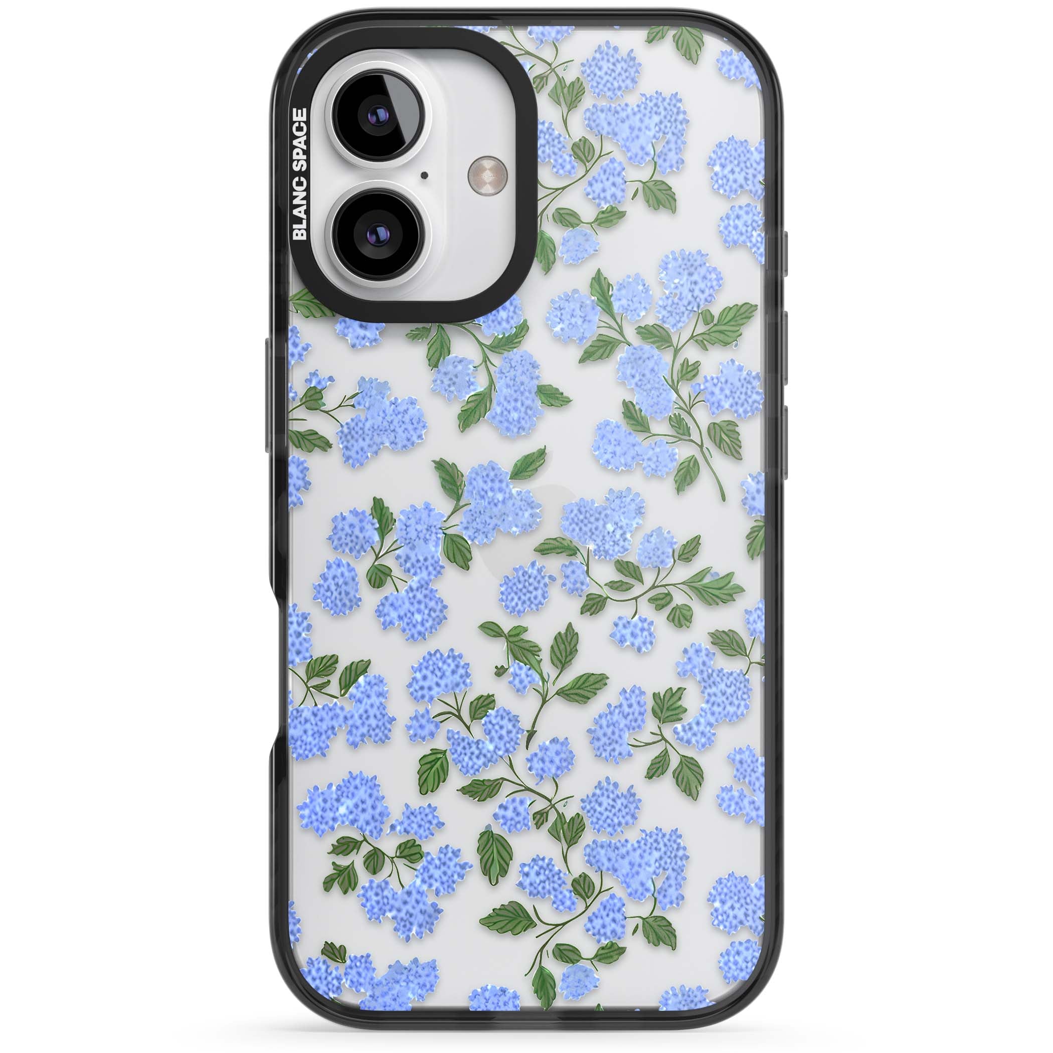 Hydrangea Dreams cottagecore iPhone case featuring soft blue hydrangea flower clusters and green leaves | Black Impact case for iPhone 16, iPhone 16 Plus