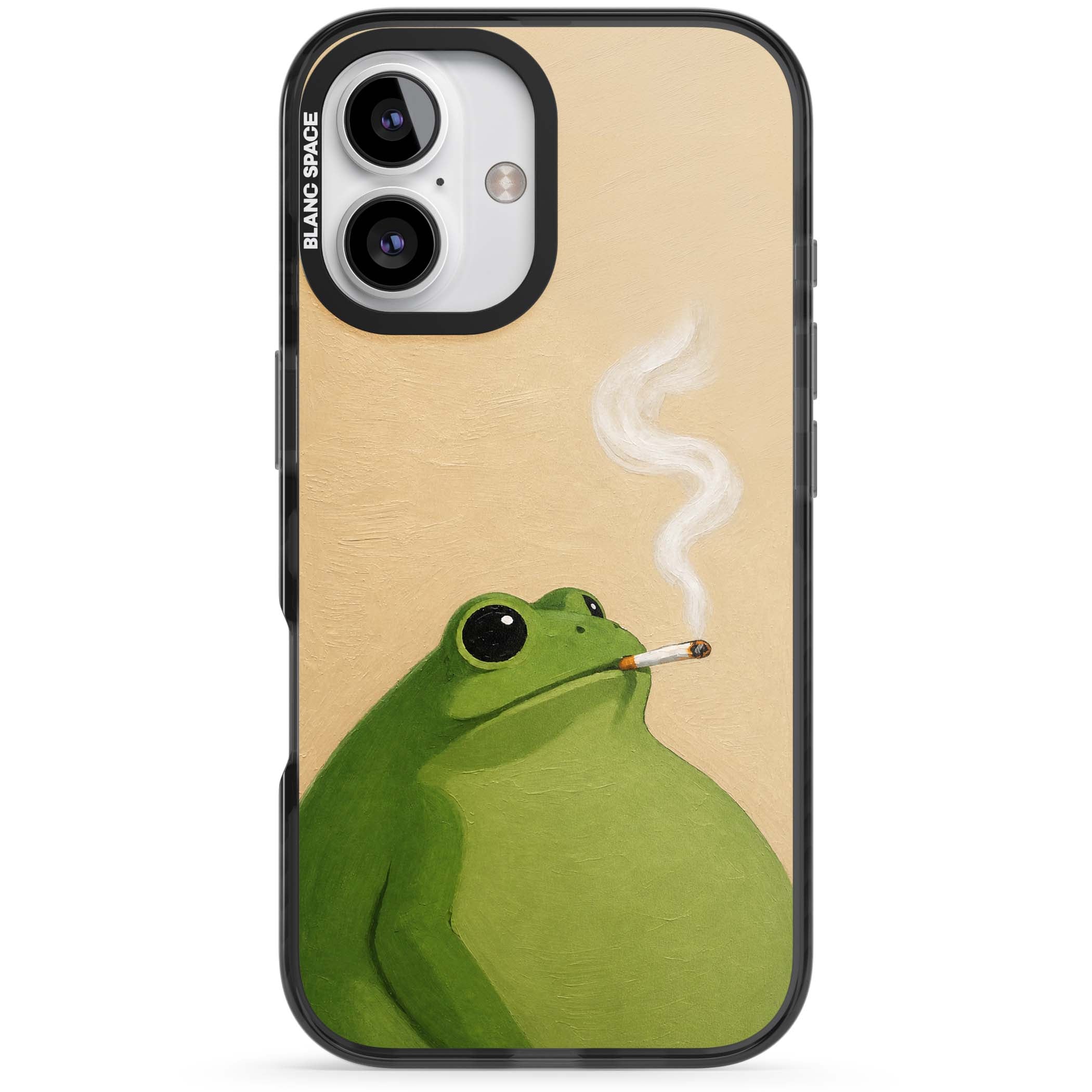 The Smoking Frog cottagecore iPhone case featuring a hand-painted green frog smoking a cigarette on a cream oil painting back | Black Impact case for iPhone 16, iPhone 16 Plus