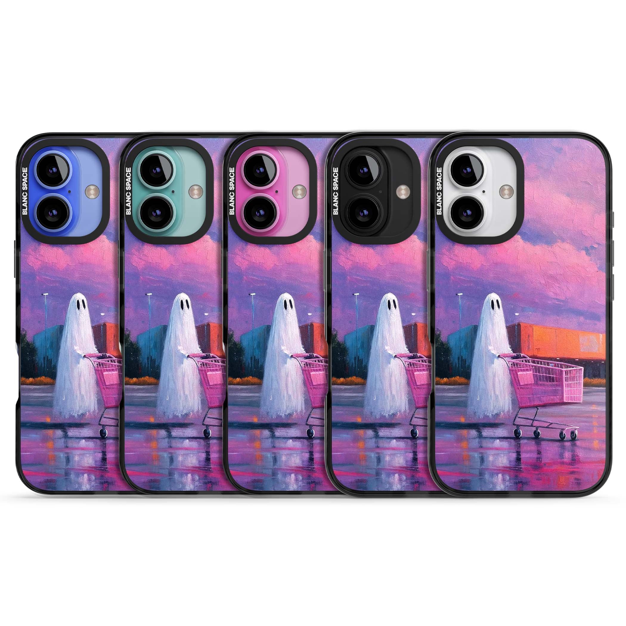 A Ghost's Errand ghost halloween iPhone case featuring a painted ghost, pink shopping trolley and purple sunset sky | Black Impact case for iPhone 16, iPhone 16 Plus
