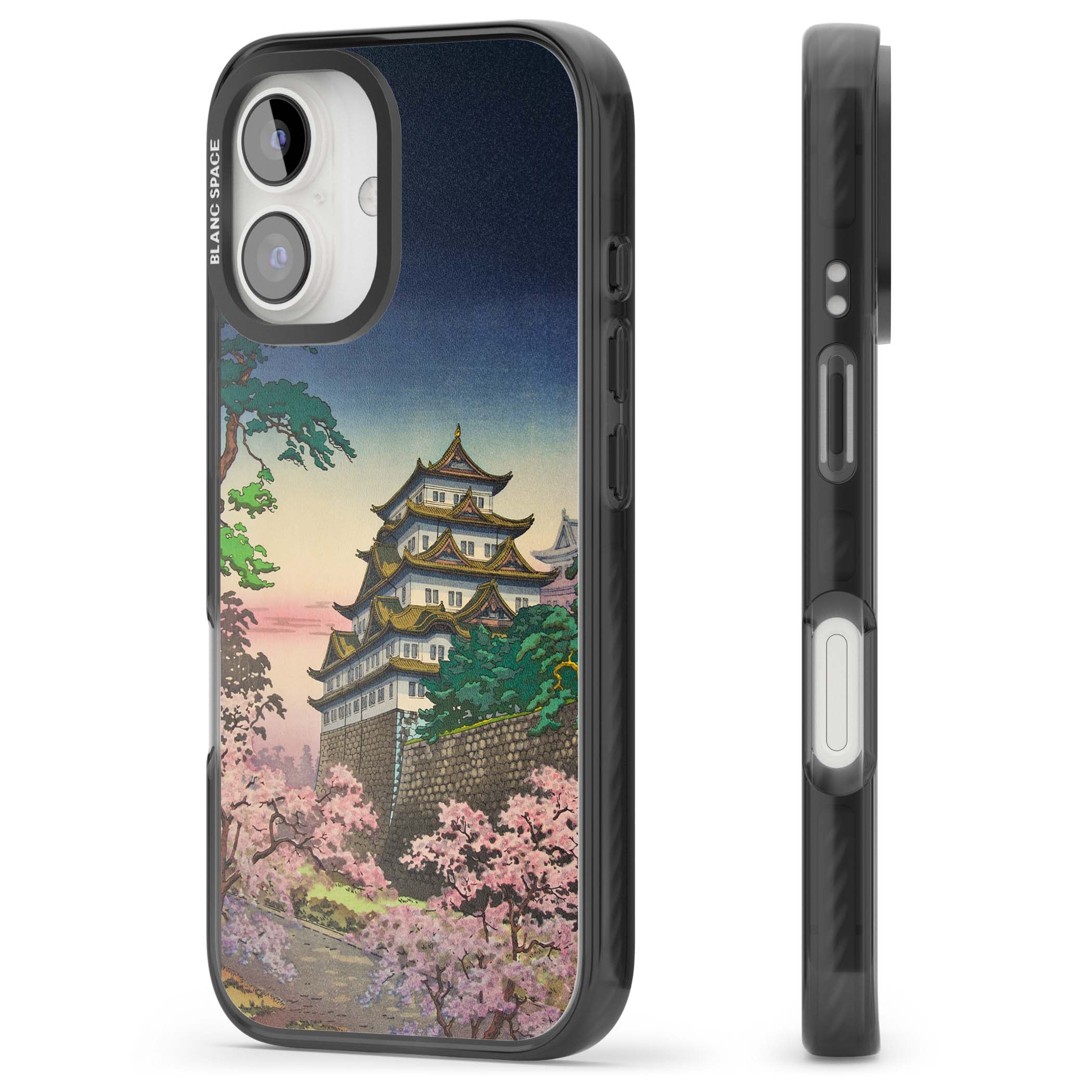 Nagoya Castle Japanese iPhone case featuring a vintage pagoda, twilight sky and cherry blossom trees | Black Impact case for iPhone 16, iPhone 16 Plus