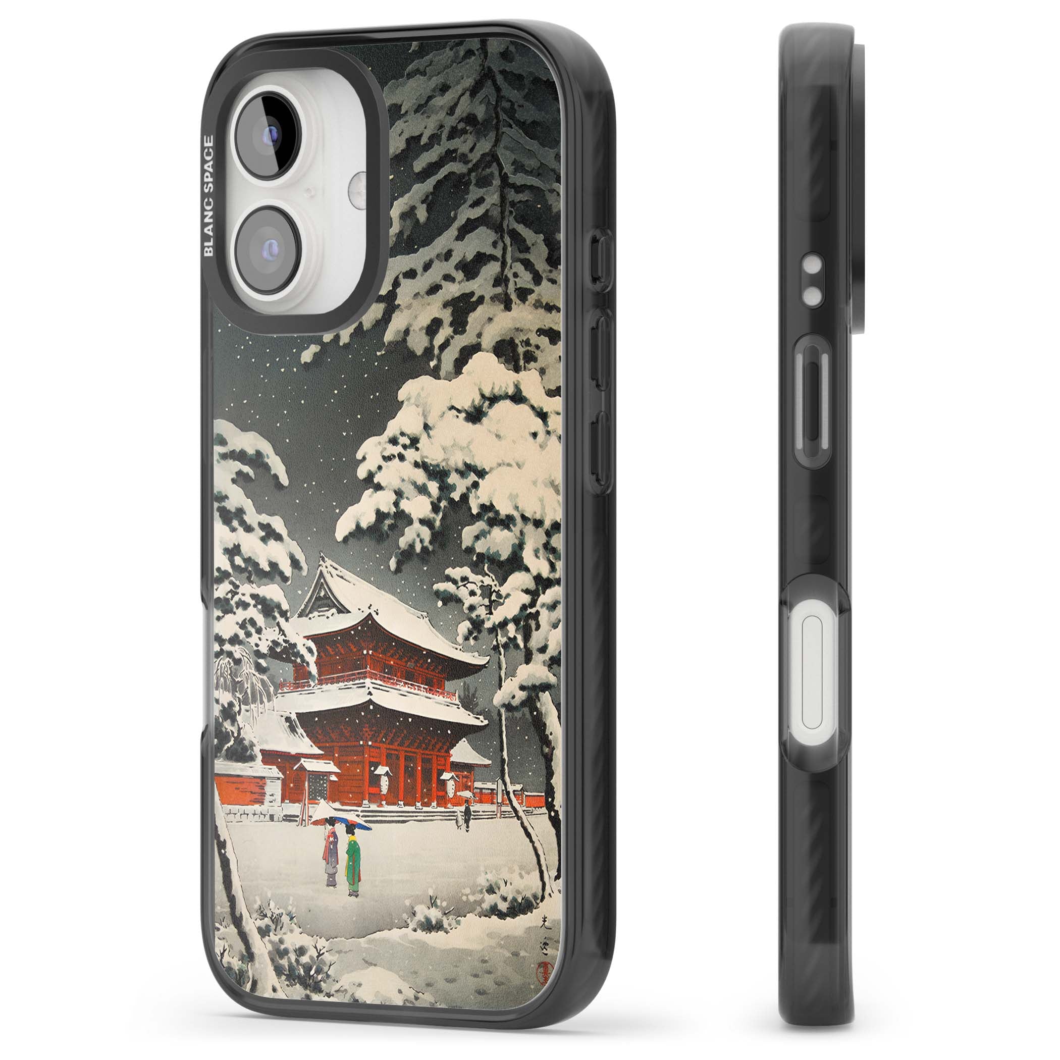Snow at Shiha Park, Tokyo Japanese art iPhone case featuring a vintage ukiyo-e snowy temple, red pagoda, and snow-covered pin | Black Impact case for iPhone 16, iPhone 16 Plus