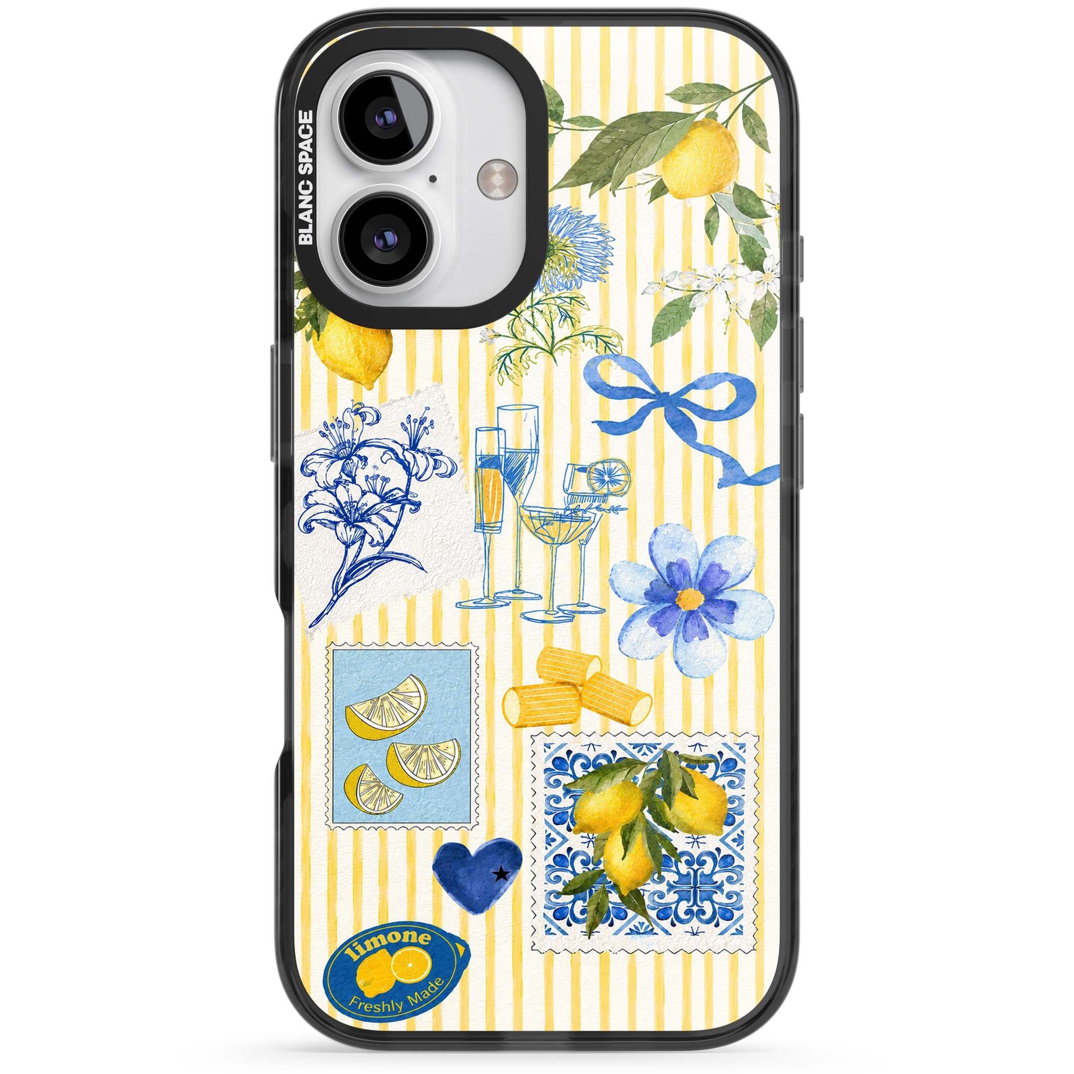 Limone Riviera Italian summer iPhone case featuring watercolour lemons, blue ribbon bows and majolica tile stamps on... | Black Impact case for iPhone 16, iPhone 16 Plus