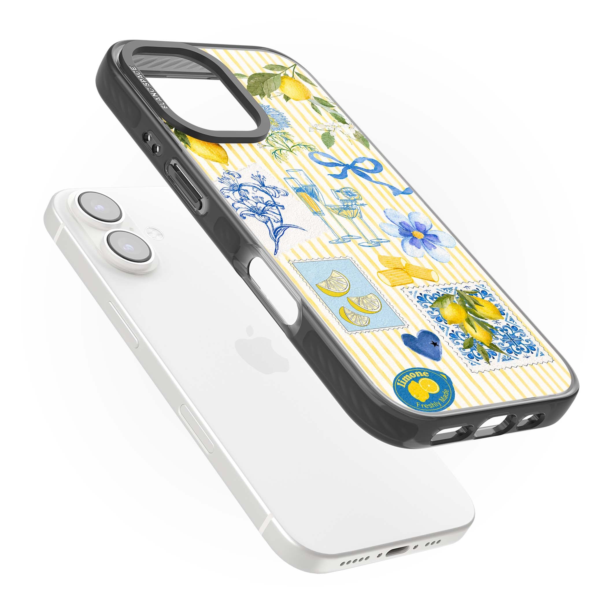 Limone Riviera Italian summer iPhone case featuring watercolour lemons, blue ribbon bows and majolica tile stamps on... | Black Impact case for iPhone 16, iPhone 16 Plus