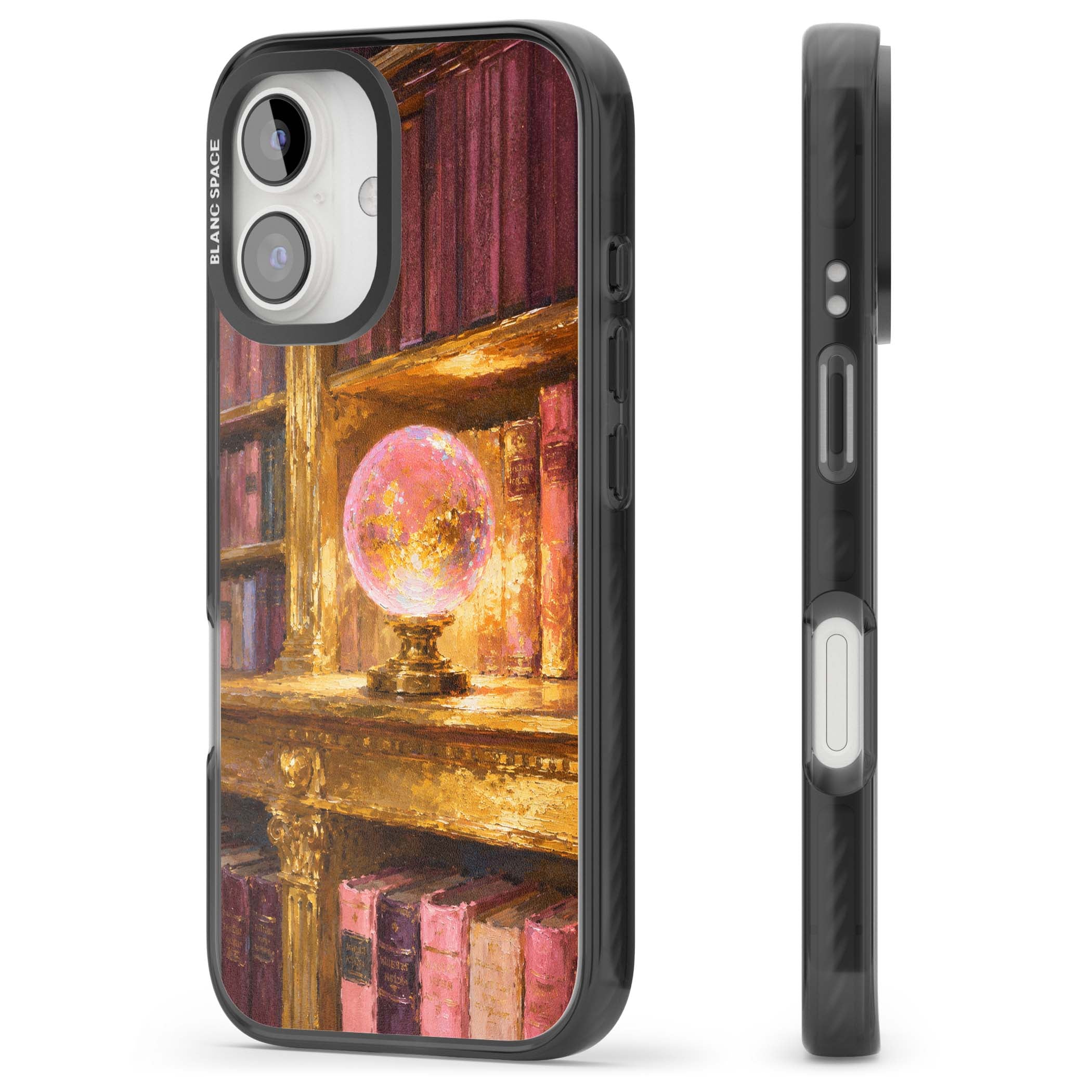 Gilded Library dark academia iPhone case featuring an oil painted crystal ball on a gilded library shelf with vintage | Black Impact case for iPhone 16, iPhone 16 Plus