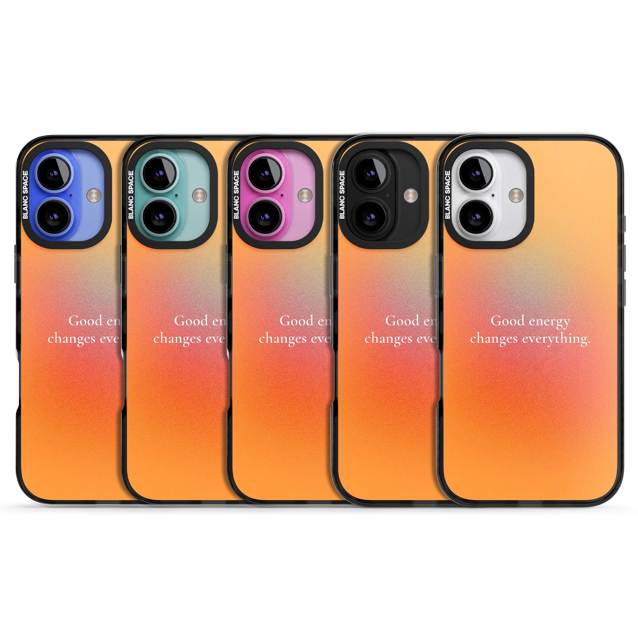 Good Energy quote iPhone case featuring an orange and pink aura gradient with white serif affirmation text | Black Impact Magsafe case for iPhone 16, iPhone 16 Plus
