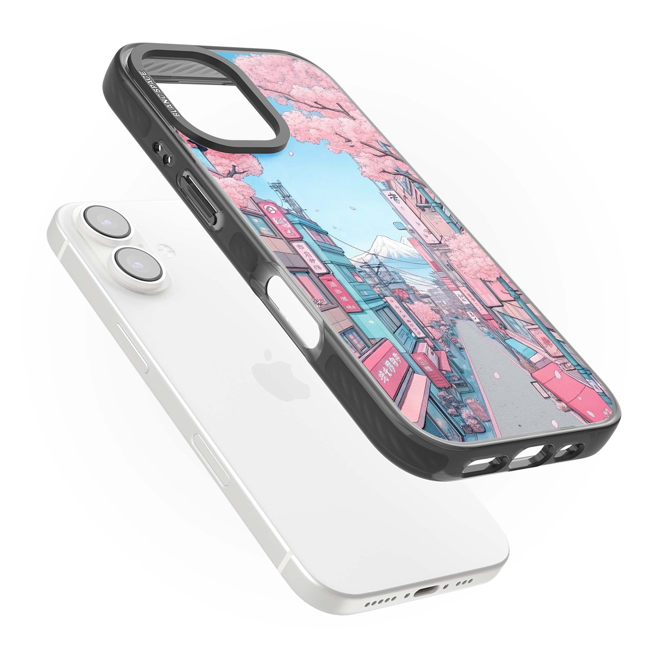 Sakura Lane anime iPhone case featuring Tokyo street scene with cherry blossoms and Mount Fuji | Black Impact Magsafe case for iPhone 16, iPhone 16 Plus