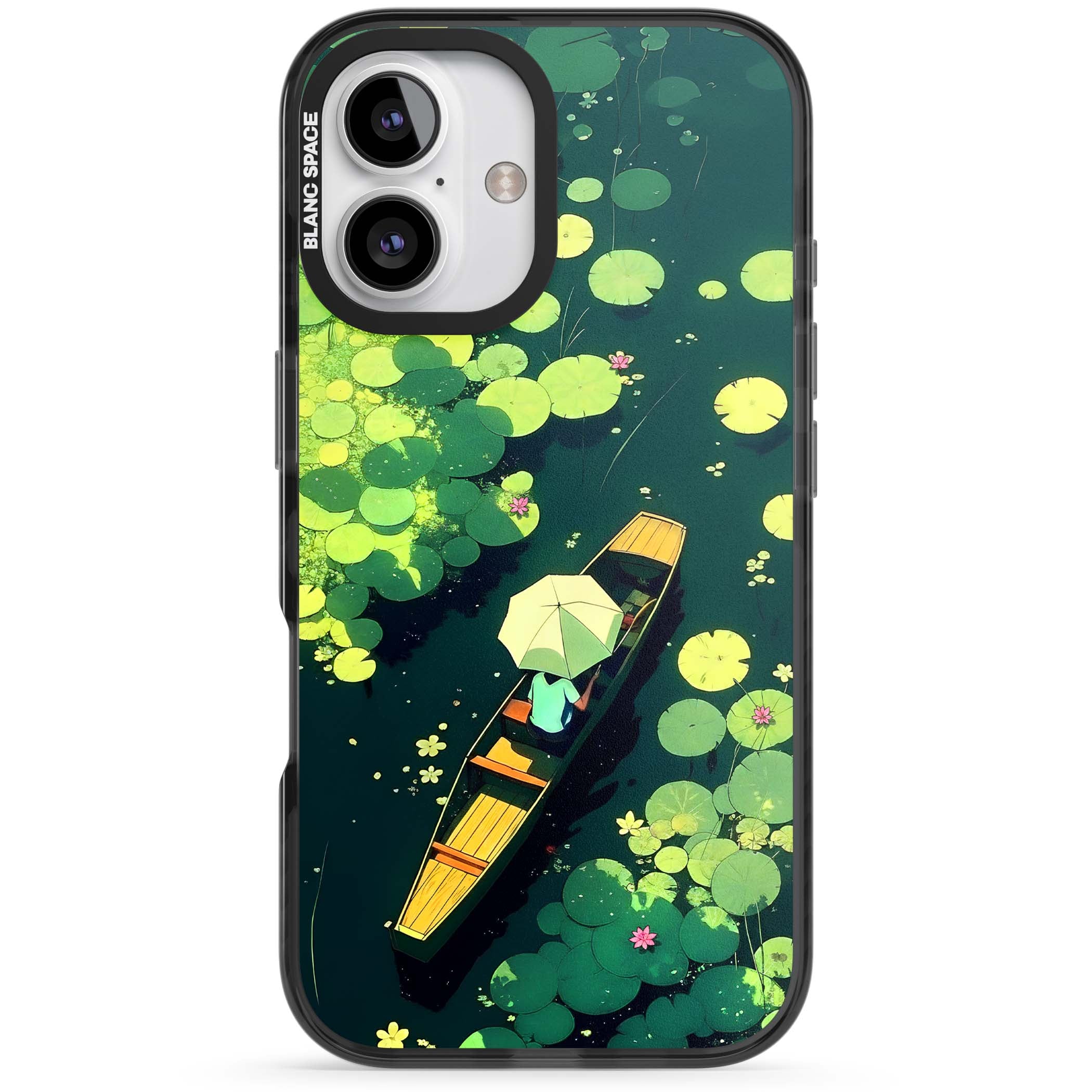 Jade Waters cottagecore iPhone case featuring a painted lily pond, wooden boat with parasol and floating water lilies | Black Impact Magsafe case for iPhone 16, iPhone 16 Plus