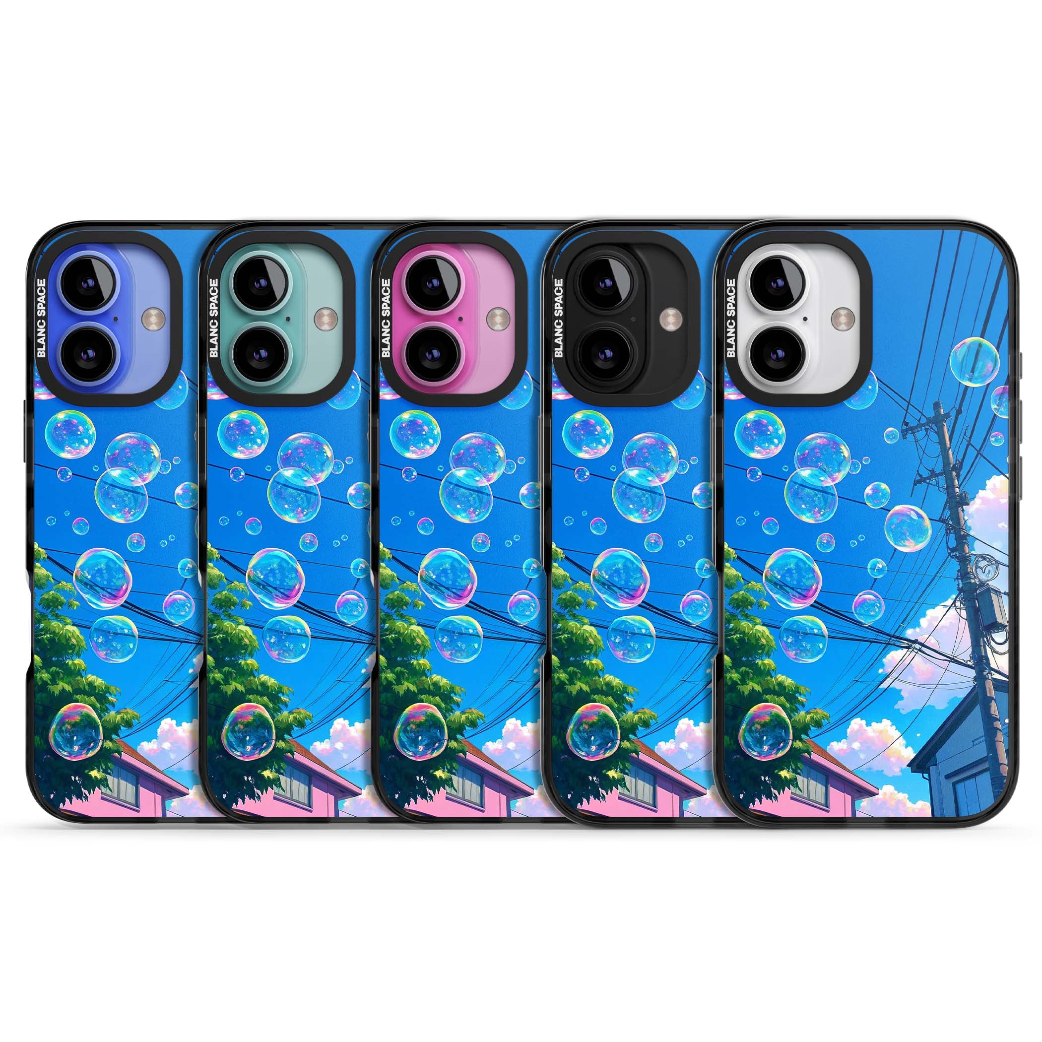 Suburban Bubbles anime iPhone case featuring iridescent soap bubbles, blue sky and Japanese telephone wires | Black Impact Magsafe case for iPhone 16, iPhone 16 Plus