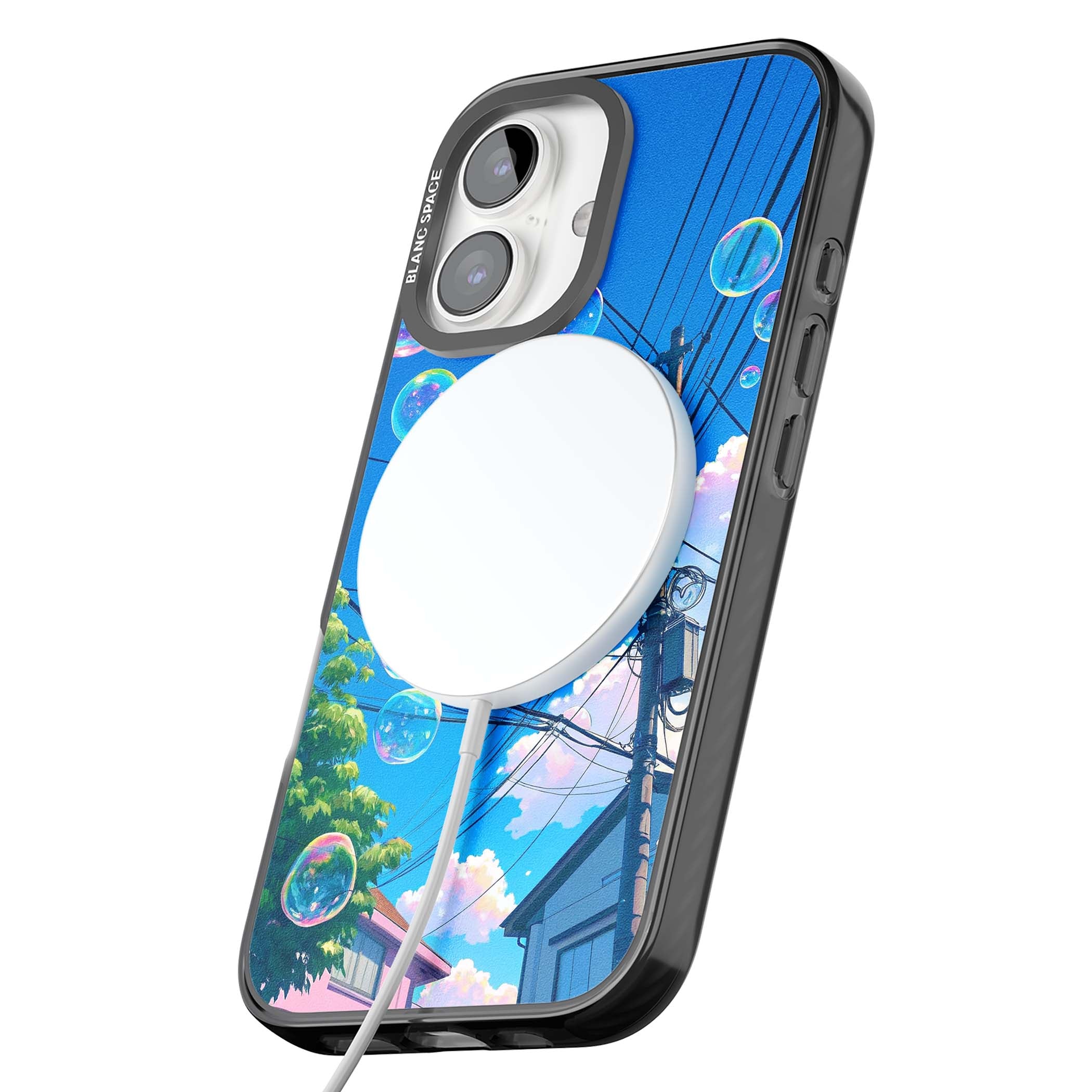 Suburban Bubbles anime iPhone case featuring iridescent soap bubbles, blue sky and Japanese telephone wires | Black Impact Magsafe case for iPhone 16, iPhone 16 Plus