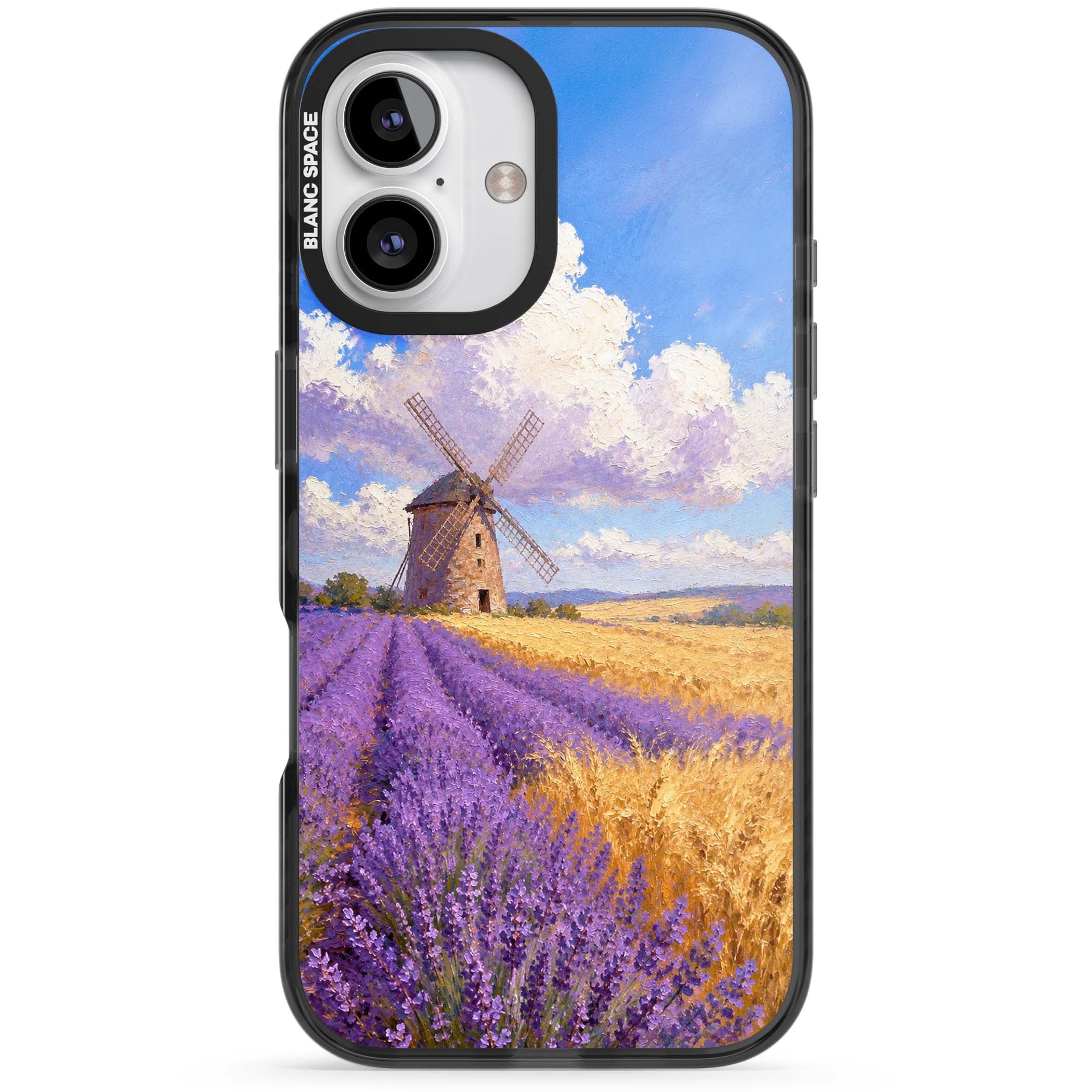 Lavender Mill cottagecore iPhone case featuring a French windmill, lavender field and golden wheat oil painting | Black Impact Magsafe case for iPhone 16, iPhone 16 Plus