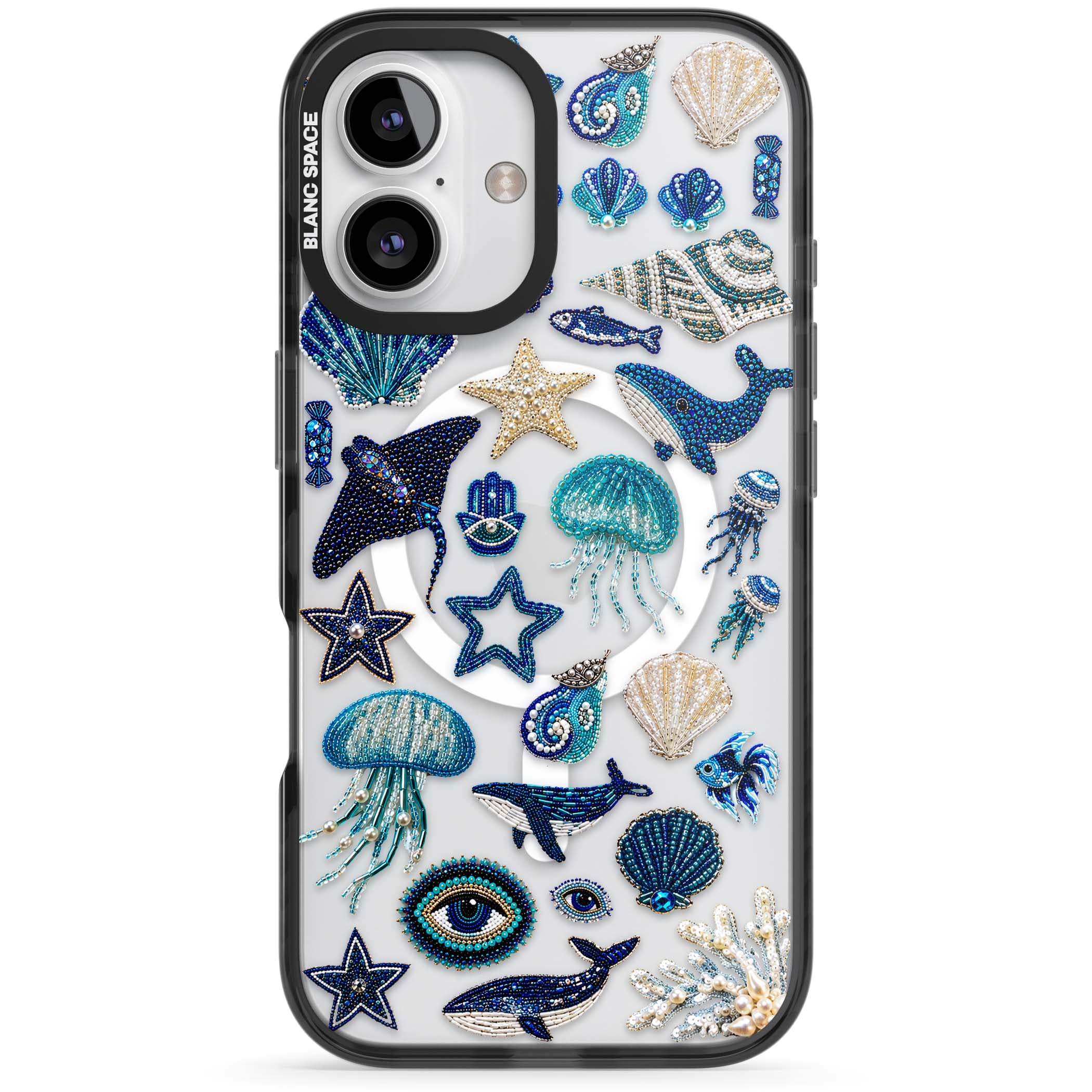 Beaded Coastal coastal iPhone case featuring embroidered seashells, jellyfish and a blue whale on clear | Black Impact Magsafe case for iPhone 16, iPhone 16 Plus
