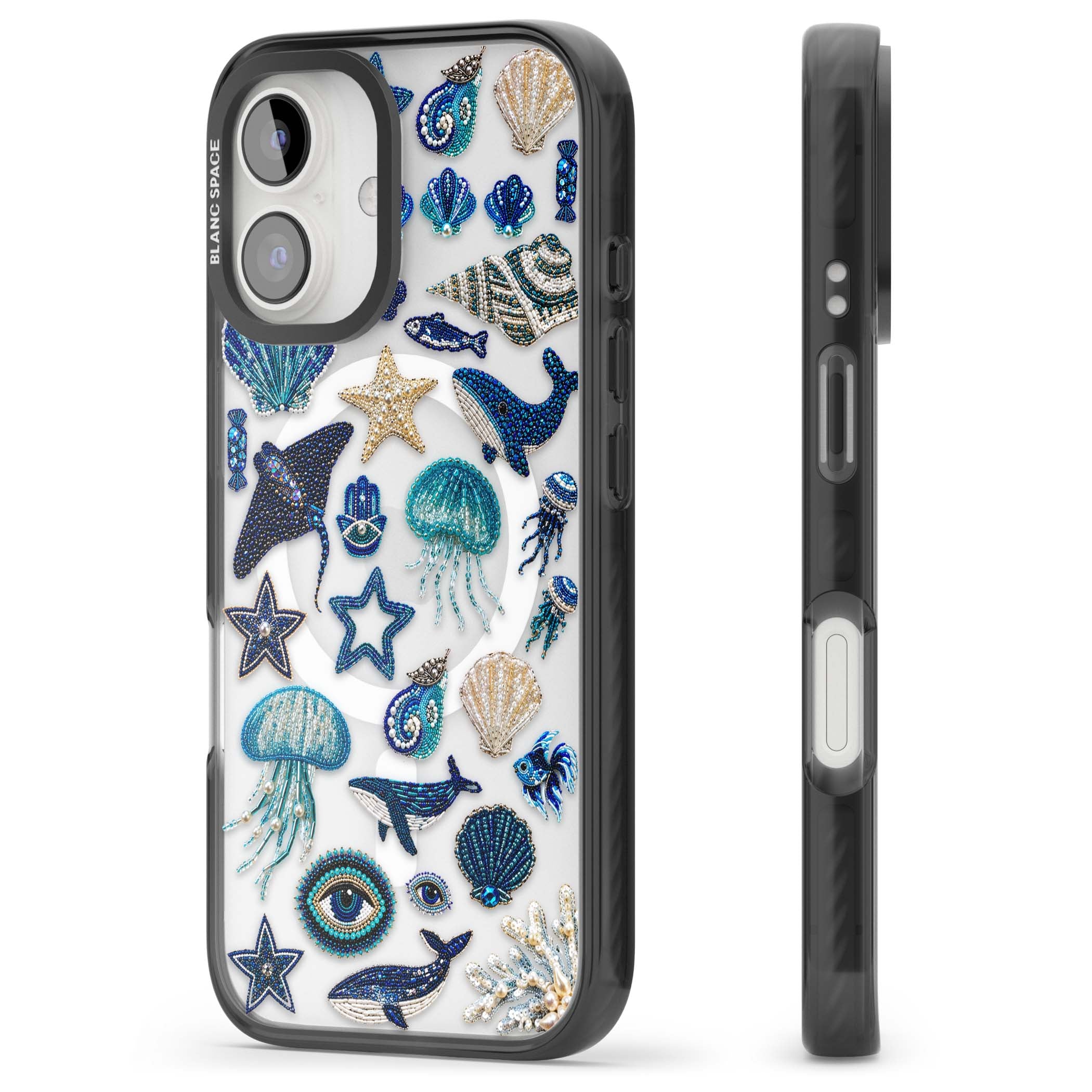 Beaded Coastal coastal iPhone case featuring embroidered seashells, jellyfish and a blue whale on clear | Black Impact Magsafe case for iPhone 16, iPhone 16 Plus