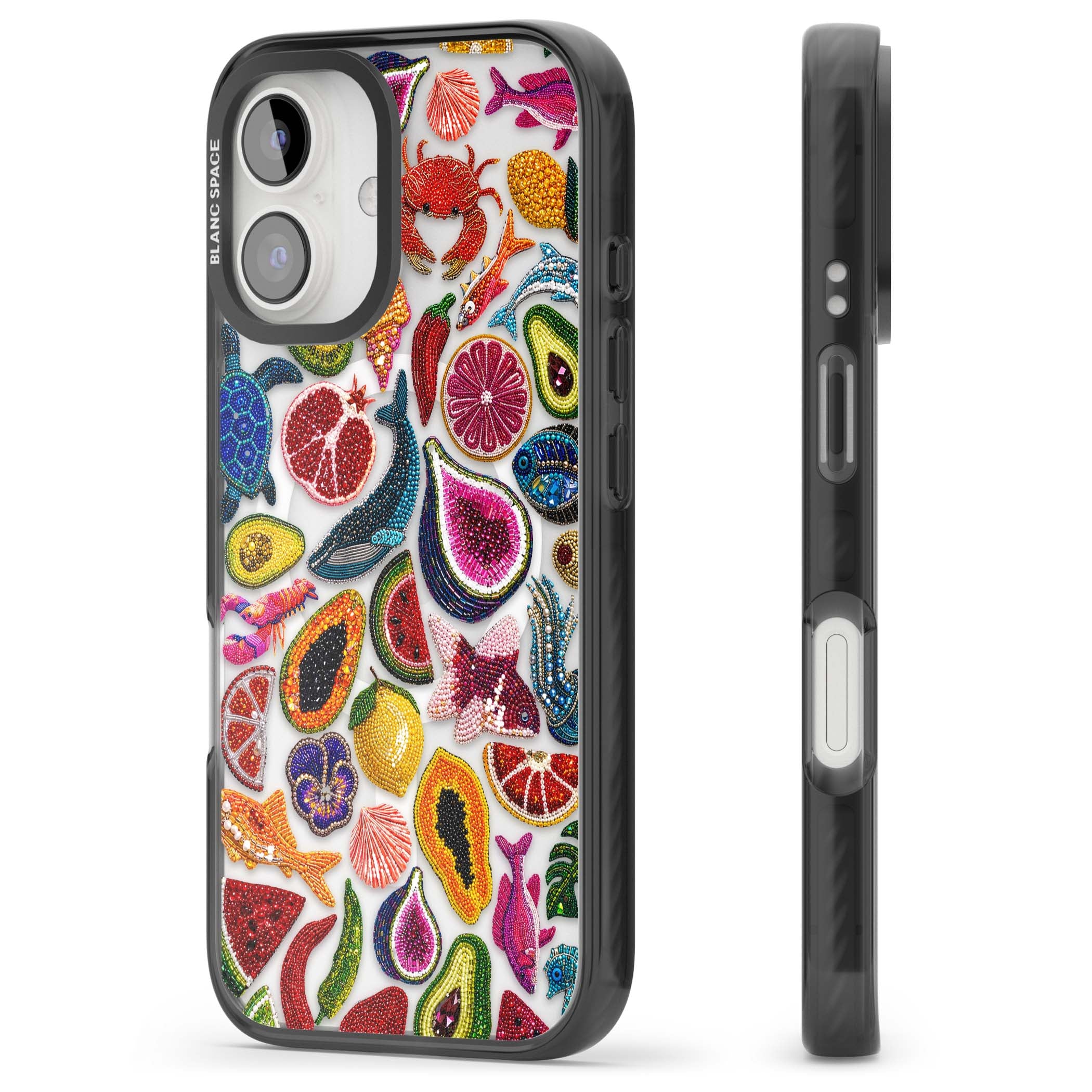 Beaded Tropic tropical iPhone case featuring beaded fruit, fish, crabs and seashells in vibrant colour | Black Impact Magsafe case for iPhone 16, iPhone 16 Plus