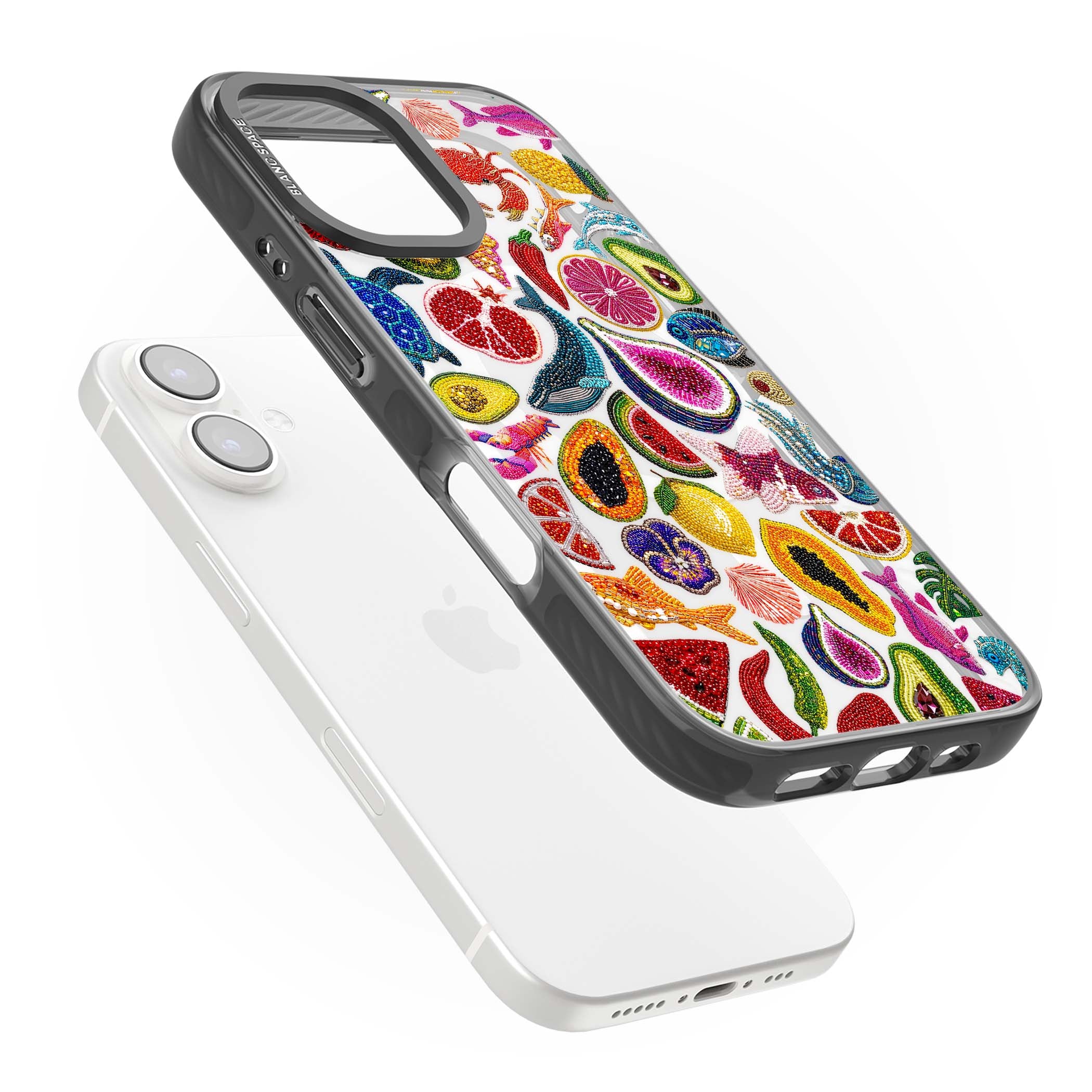 Beaded Tropic tropical iPhone case featuring beaded fruit, fish, crabs and seashells in vibrant colour | Black Impact Magsafe case for iPhone 16, iPhone 16 Plus