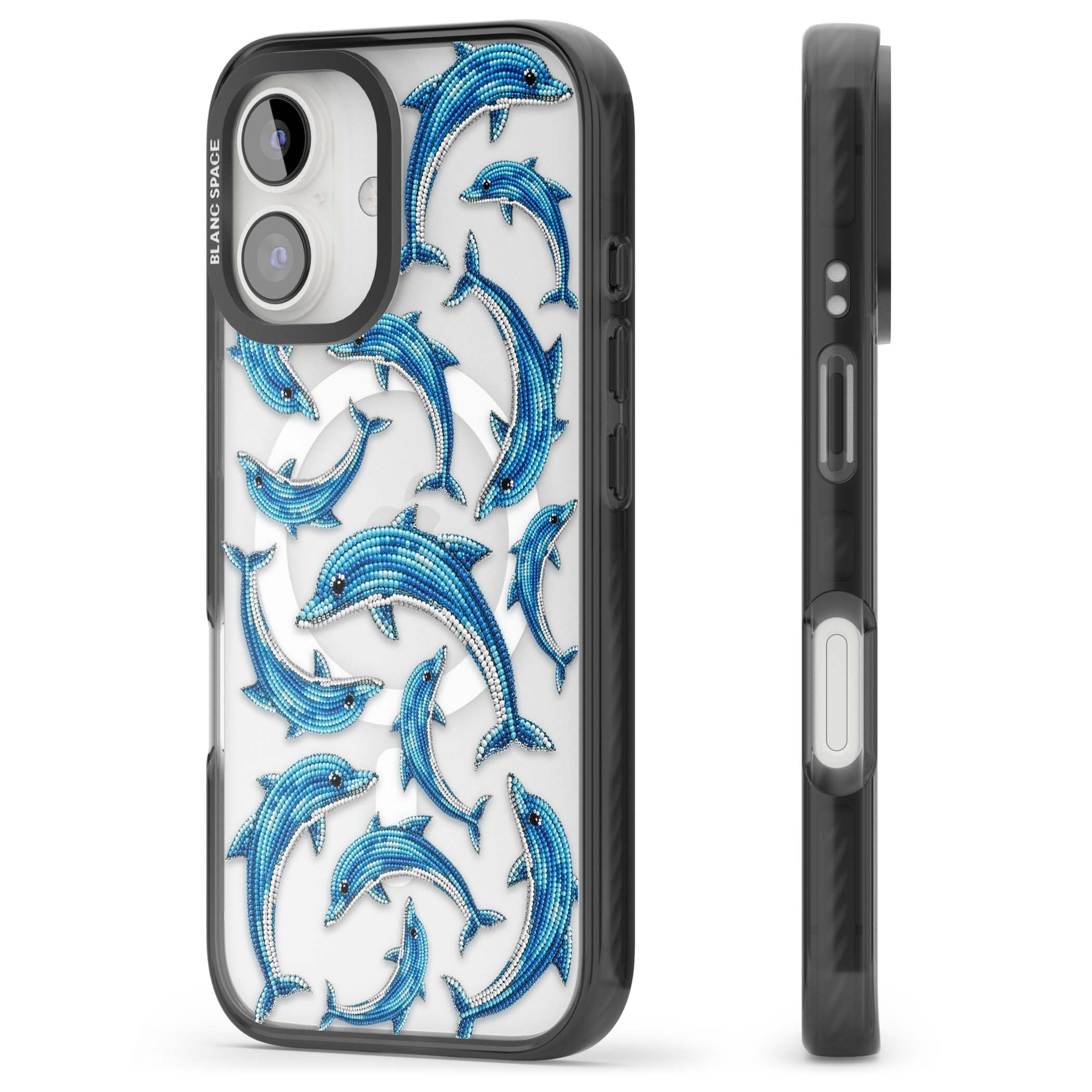 Beaded Dolphins coastal iPhone case featuring beaded dolphins in blue and white swimming across a clear background | Black Impact Magsafe case for iPhone 16, iPhone 16 Plus