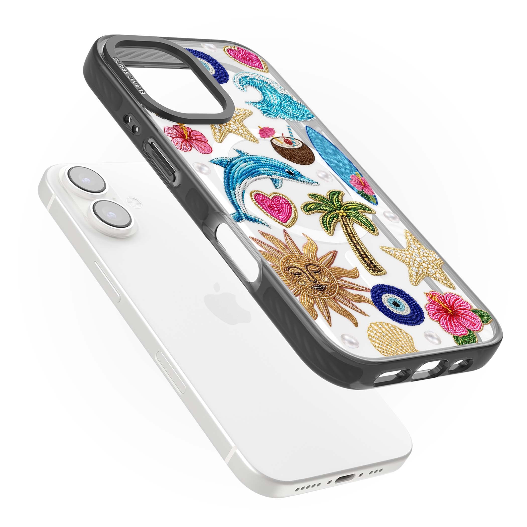 Beaded Beach coastal summer iPhone case featuring embroidered evil eye, hibiscus flowers, dolphin and palm tree patches | Black Impact Magsafe case for iPhone 16, iPhone 16 Plus