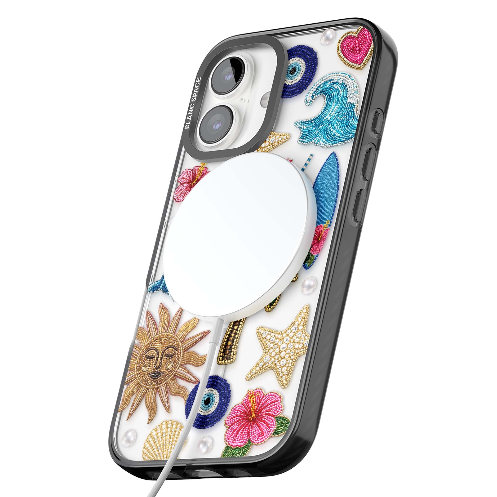 Beaded Beach coastal summer iPhone case featuring embroidered evil eye, hibiscus flowers, dolphin and palm tree patches | Black Impact Magsafe case for iPhone 16, iPhone 16 Plus
