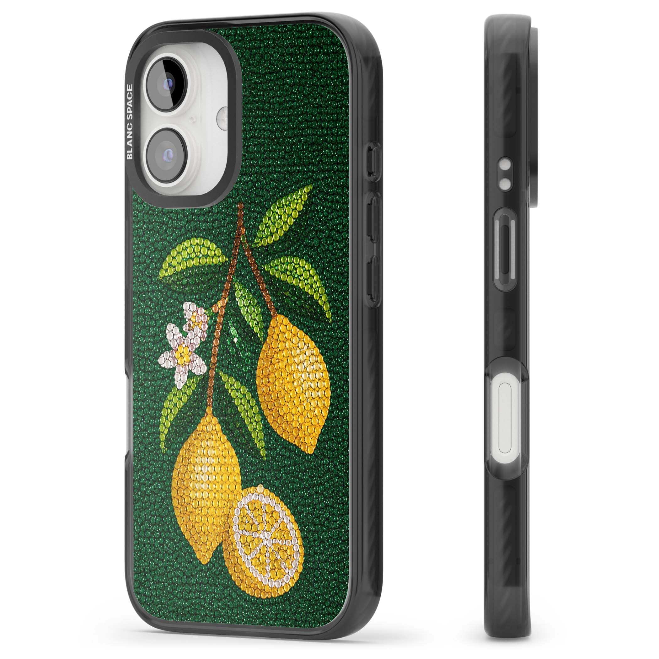 Beaded Lemons coastal iPhone case featuring crystal-beaded lemons, citrus blossom and green leaves on emerald ground | Black Impact Magsafe case for iPhone 16, iPhone 16 Plus