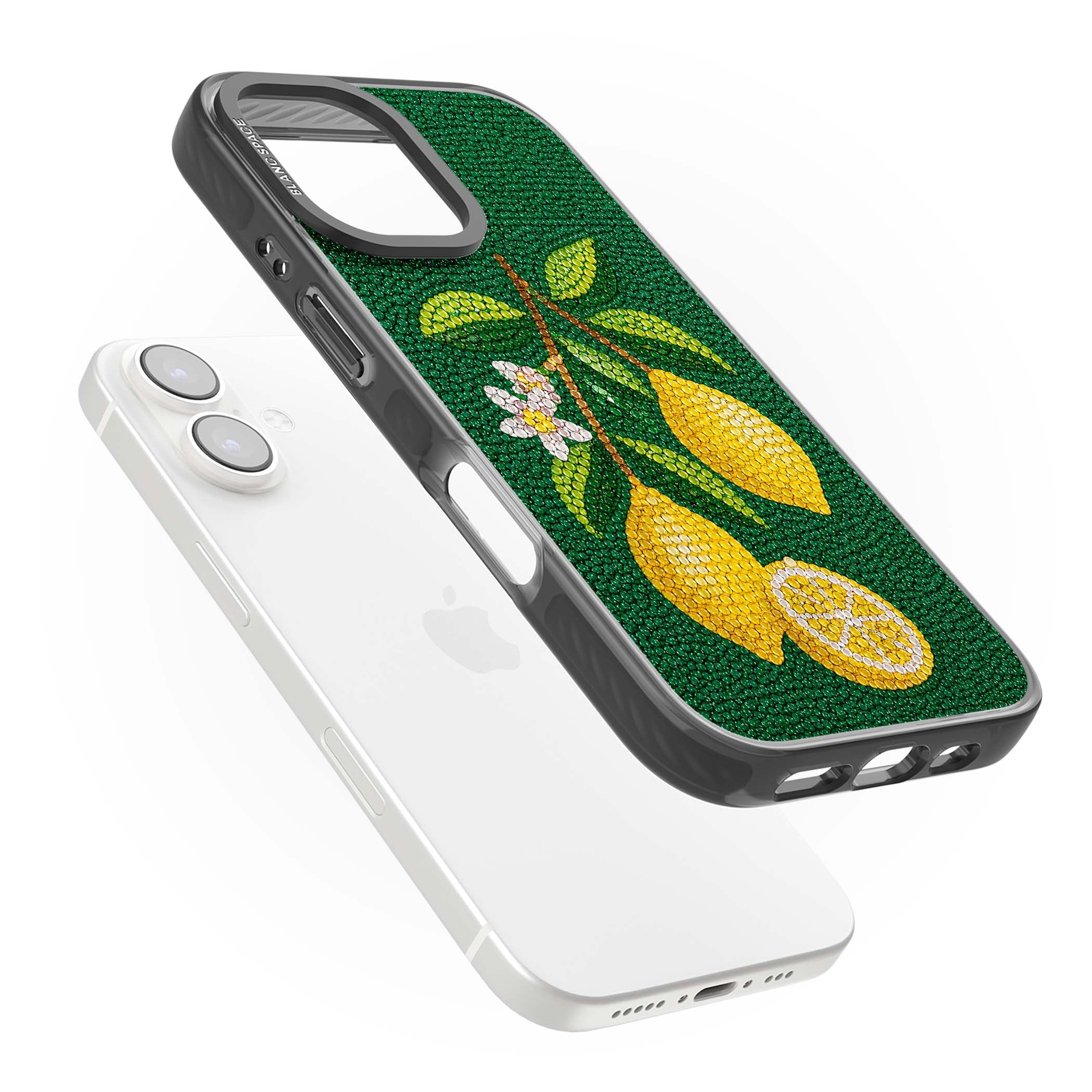 Beaded Lemons coastal iPhone case featuring crystal-beaded lemons, citrus blossom and green leaves on emerald ground | Black Impact Magsafe case for iPhone 16, iPhone 16 Plus