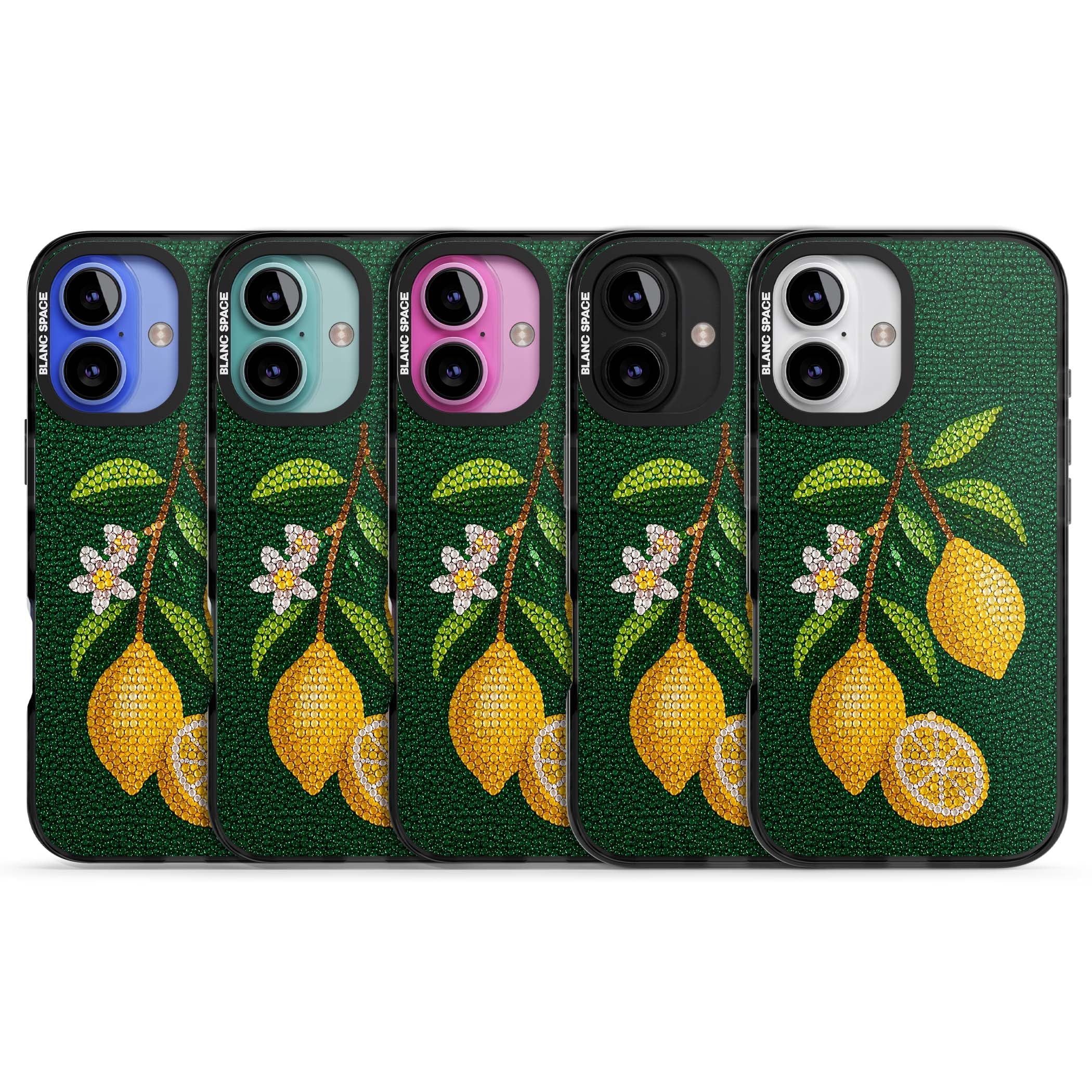 Beaded Lemons coastal iPhone case featuring crystal-beaded lemons, citrus blossom and green leaves on emerald ground | Black Impact Magsafe case for iPhone 16, iPhone 16 Plus
