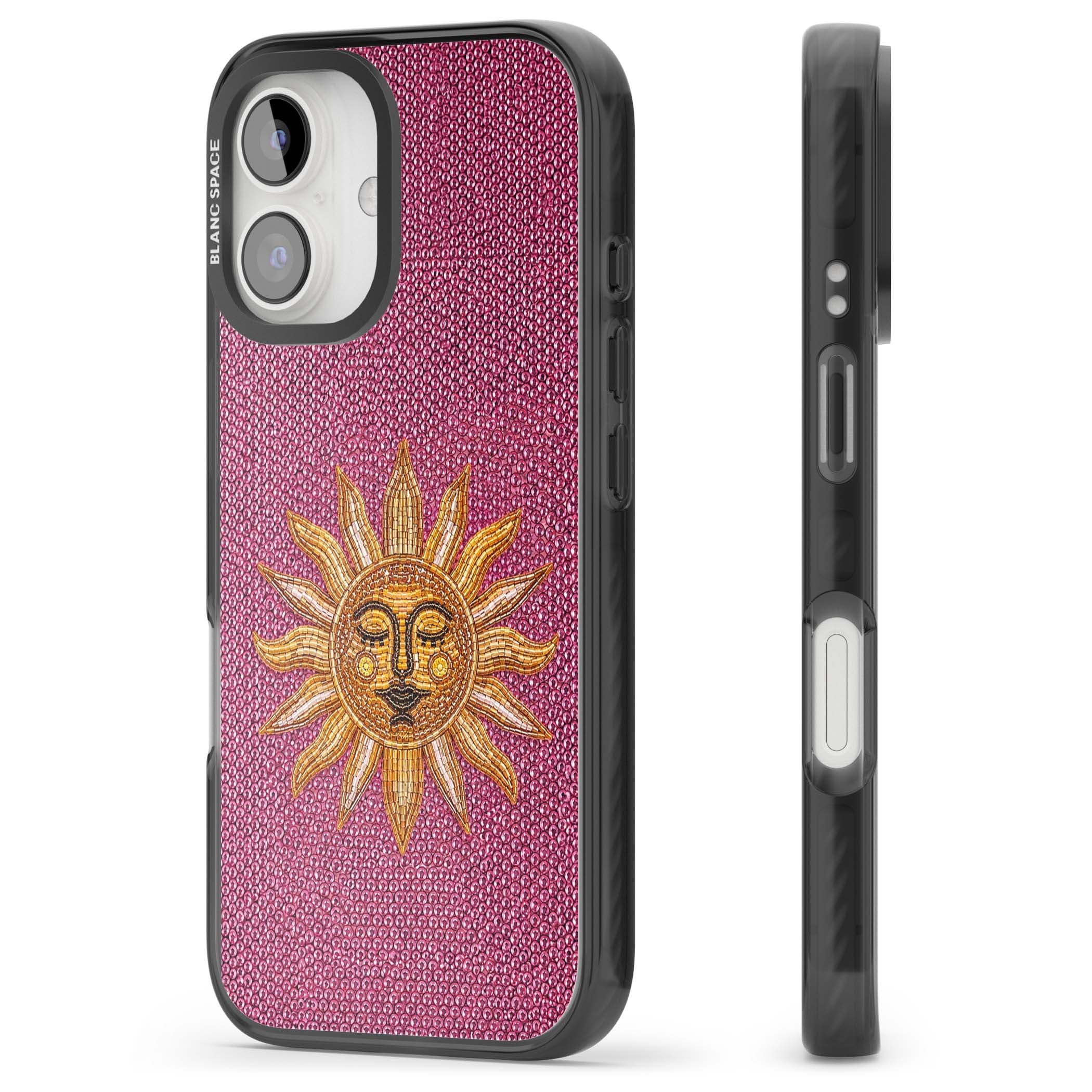Beaded Sun celestial iPhone case featuring a golden beaded sun face with radiant rays on hot pink beaded background | Black Impact Magsafe case for iPhone 16, iPhone 16 Plus