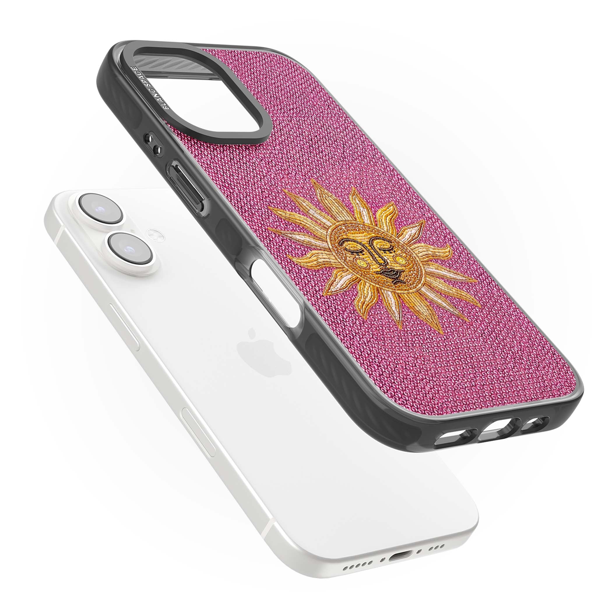 Beaded Sun celestial iPhone case featuring a golden beaded sun face with radiant rays on hot pink beaded background | Black Impact Magsafe case for iPhone 16, iPhone 16 Plus