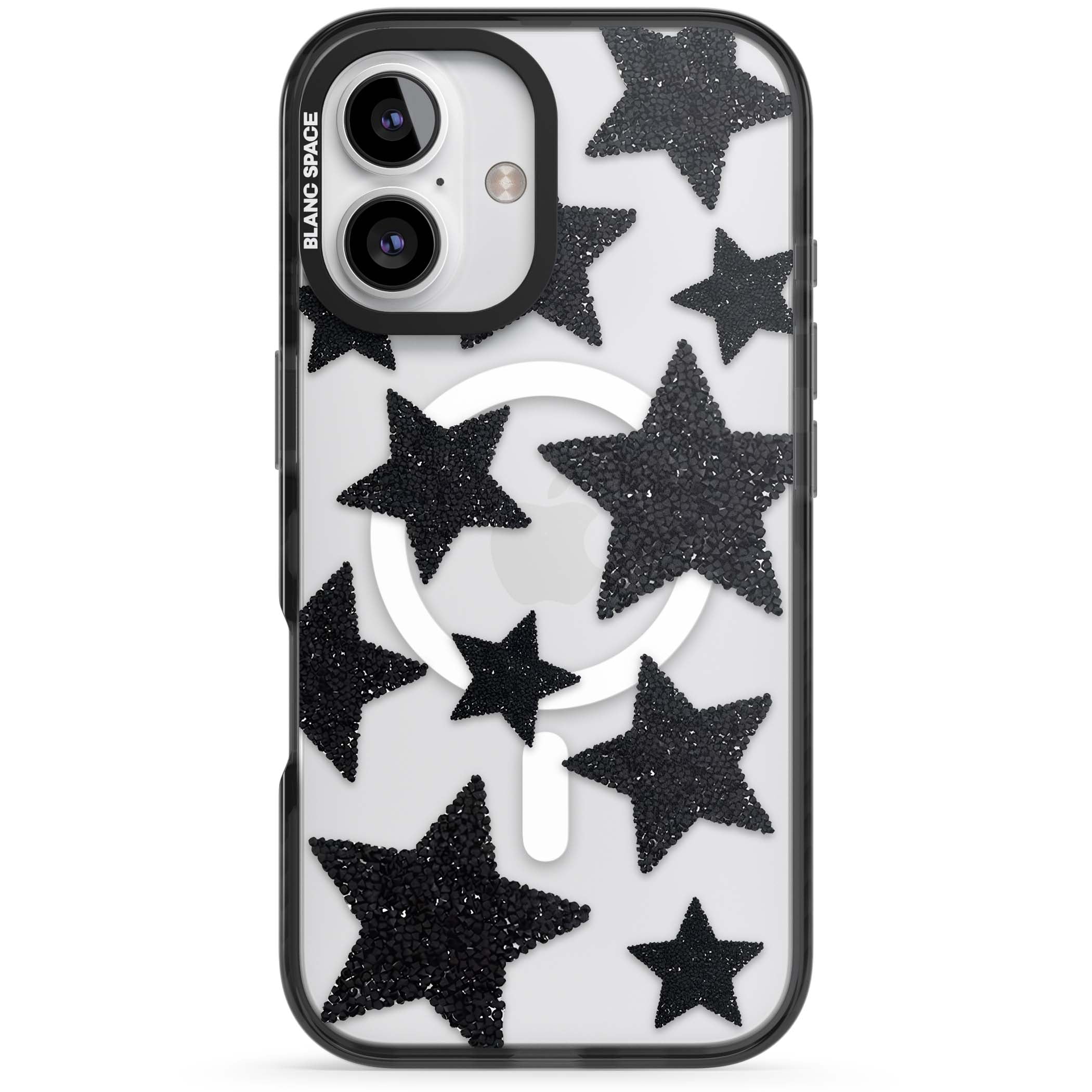 Beaded Black Stars celestial iPhone case featuring black glitter beaded stars scattered on a clear background | Black Impact Magsafe case for iPhone 16, iPhone 16 Plus