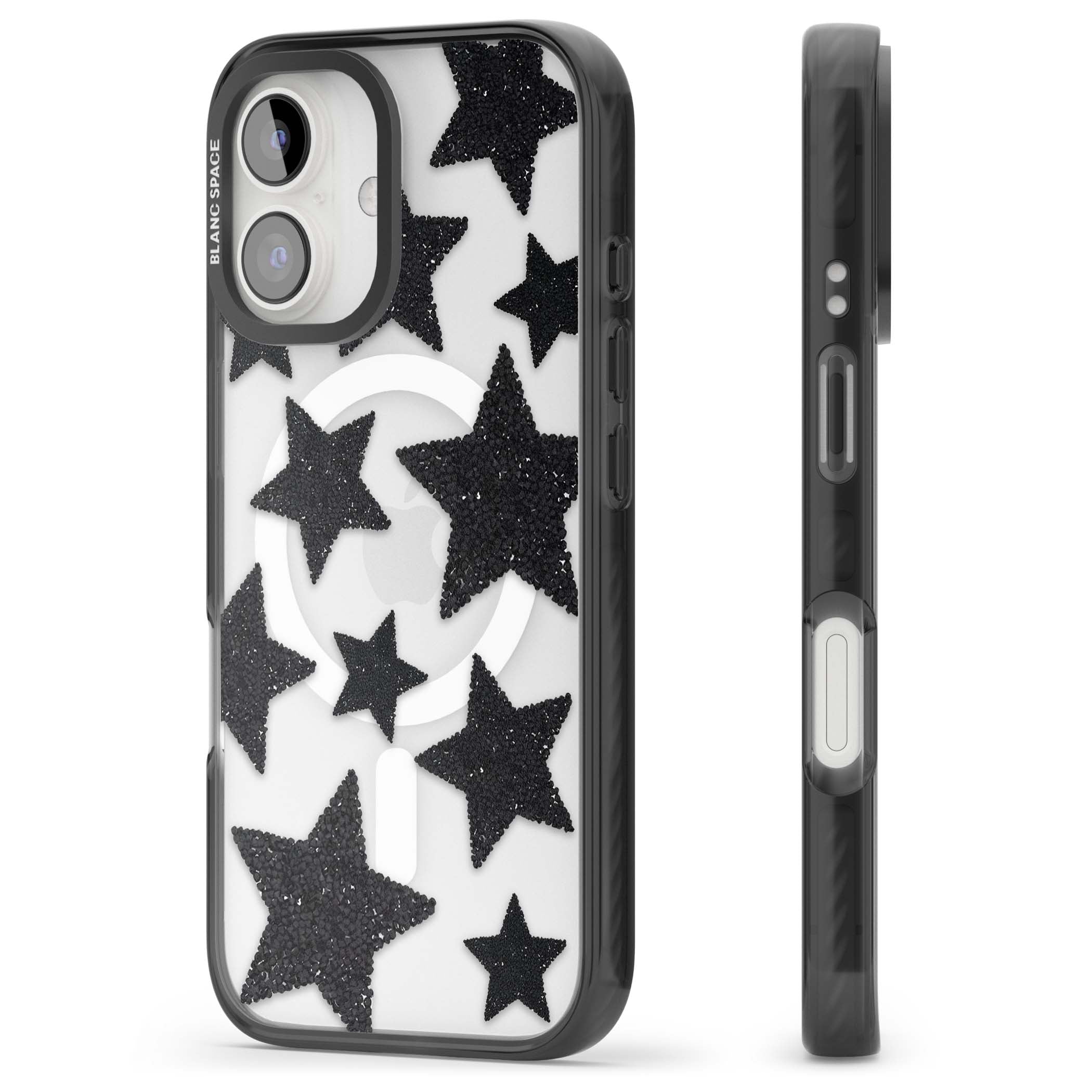 Beaded Black Stars celestial iPhone case featuring black glitter beaded stars scattered on a clear background | Black Impact Magsafe case for iPhone 16, iPhone 16 Plus