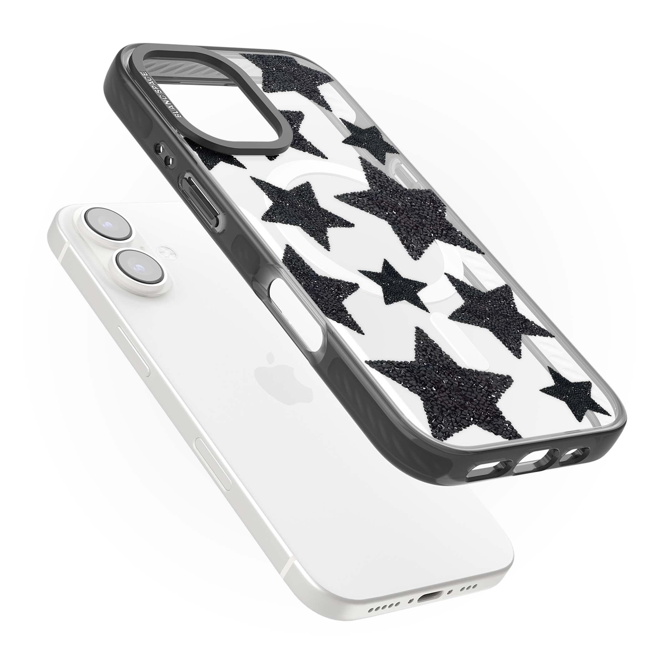 Beaded Black Stars celestial iPhone case featuring black glitter beaded stars scattered on a clear background | Black Impact Magsafe case for iPhone 16, iPhone 16 Plus