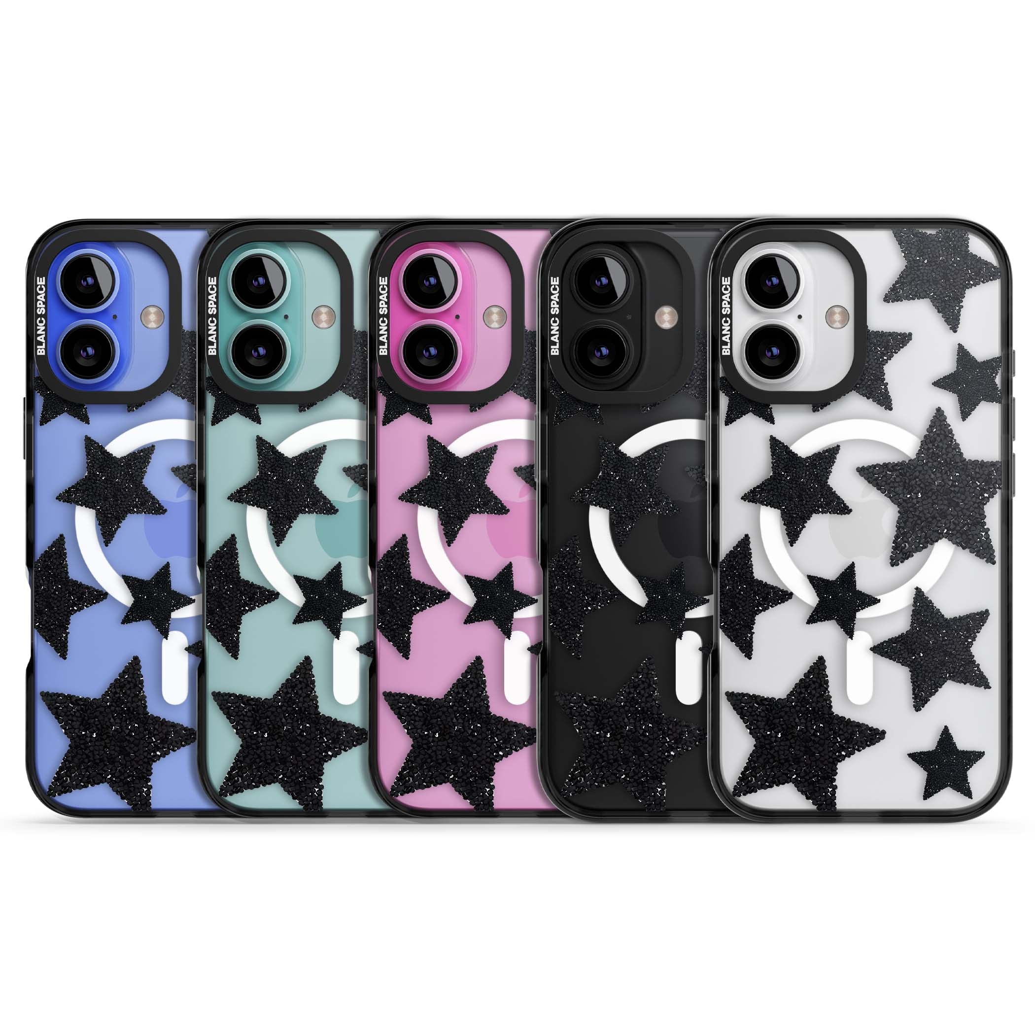 Beaded Black Stars celestial iPhone case featuring black glitter beaded stars scattered on a clear background | Black Impact Magsafe case for iPhone 16, iPhone 16 Plus